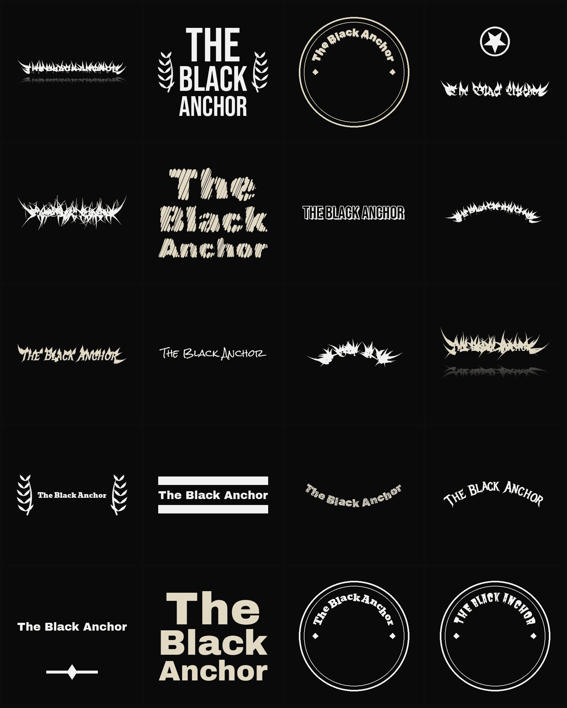 Twenty The Black Anchor band logo ideas — different faces, treatments and spike settings