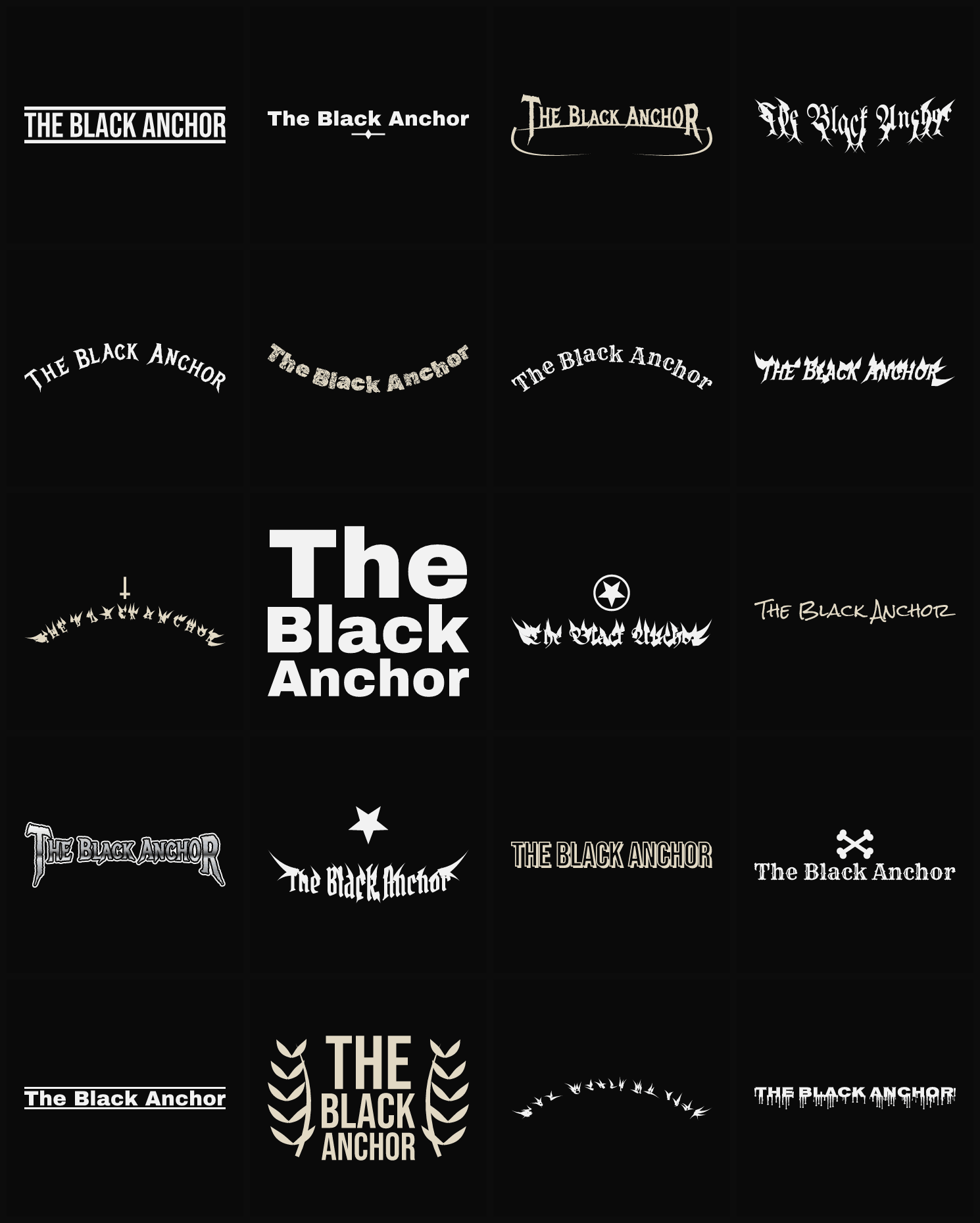Twenty The Black Anchor band logo ideas — different faces, treatments and spike settings
