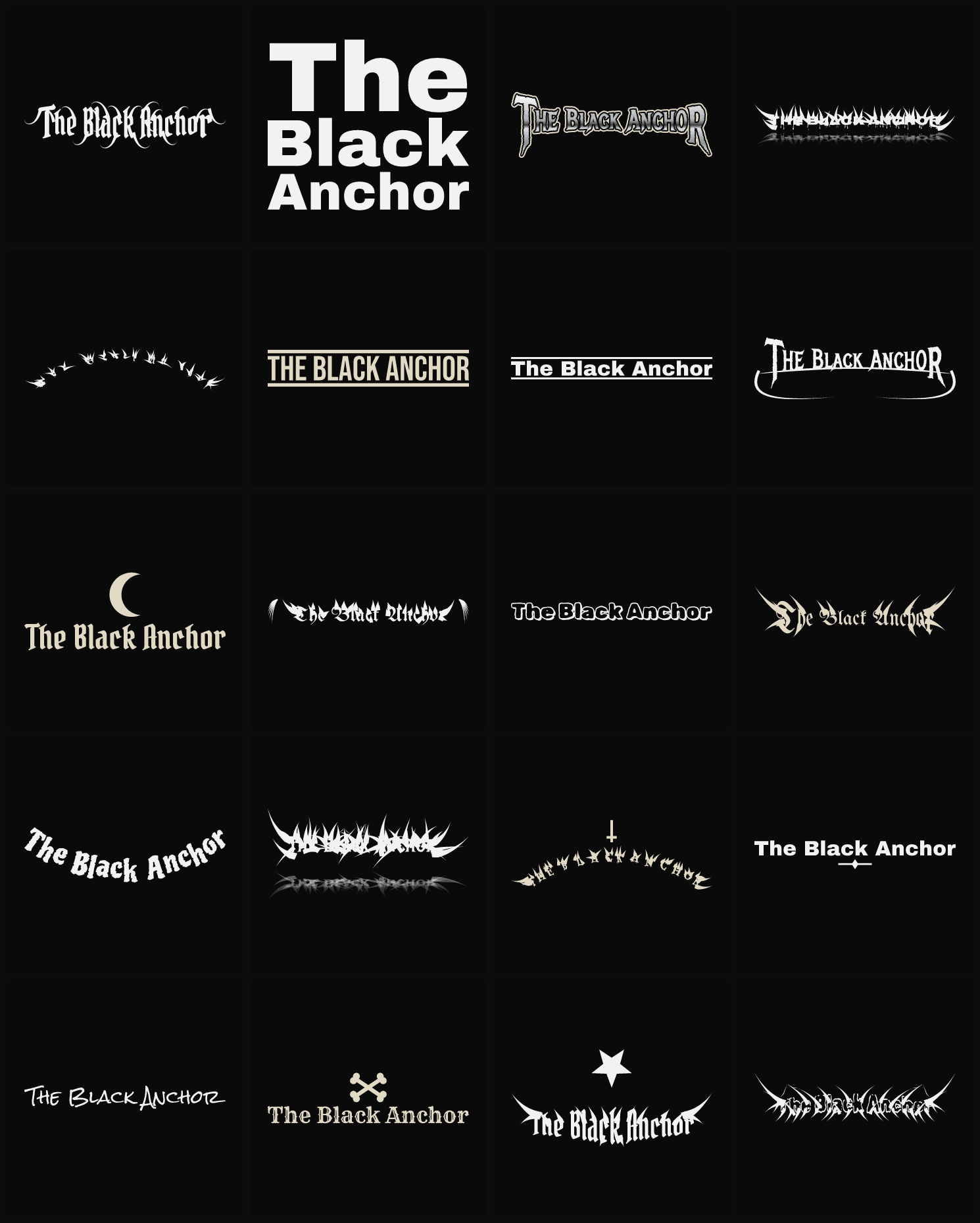 Twenty The Black Anchor band logo ideas — different faces, treatments and spike settings