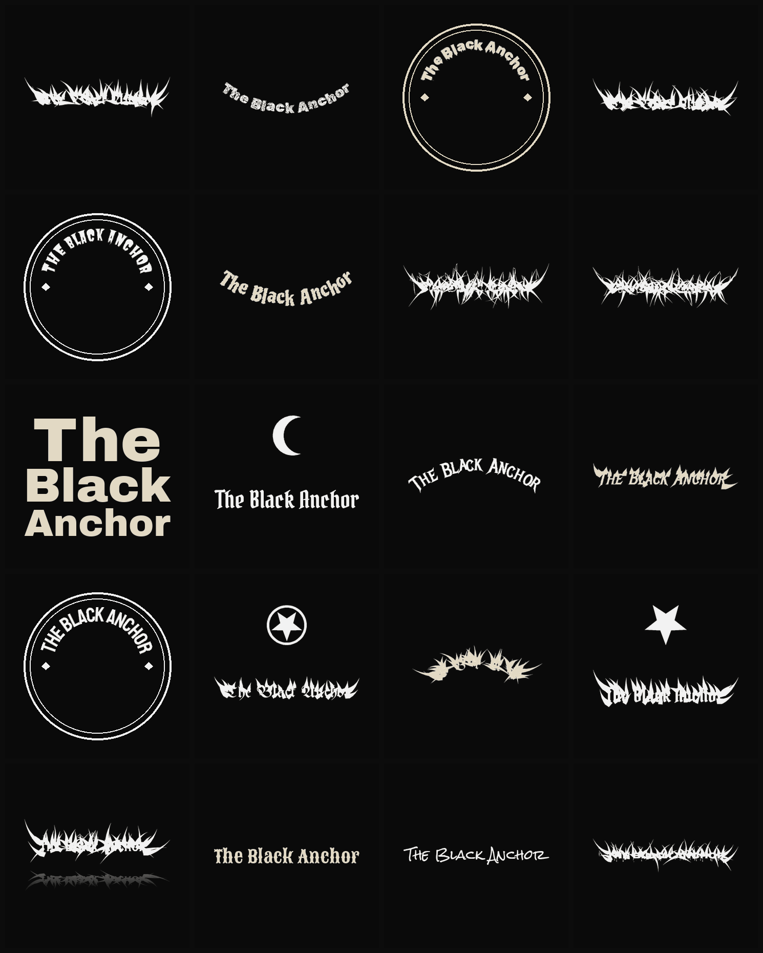 Twenty The Black Anchor band logo ideas — different faces, treatments and spike settings