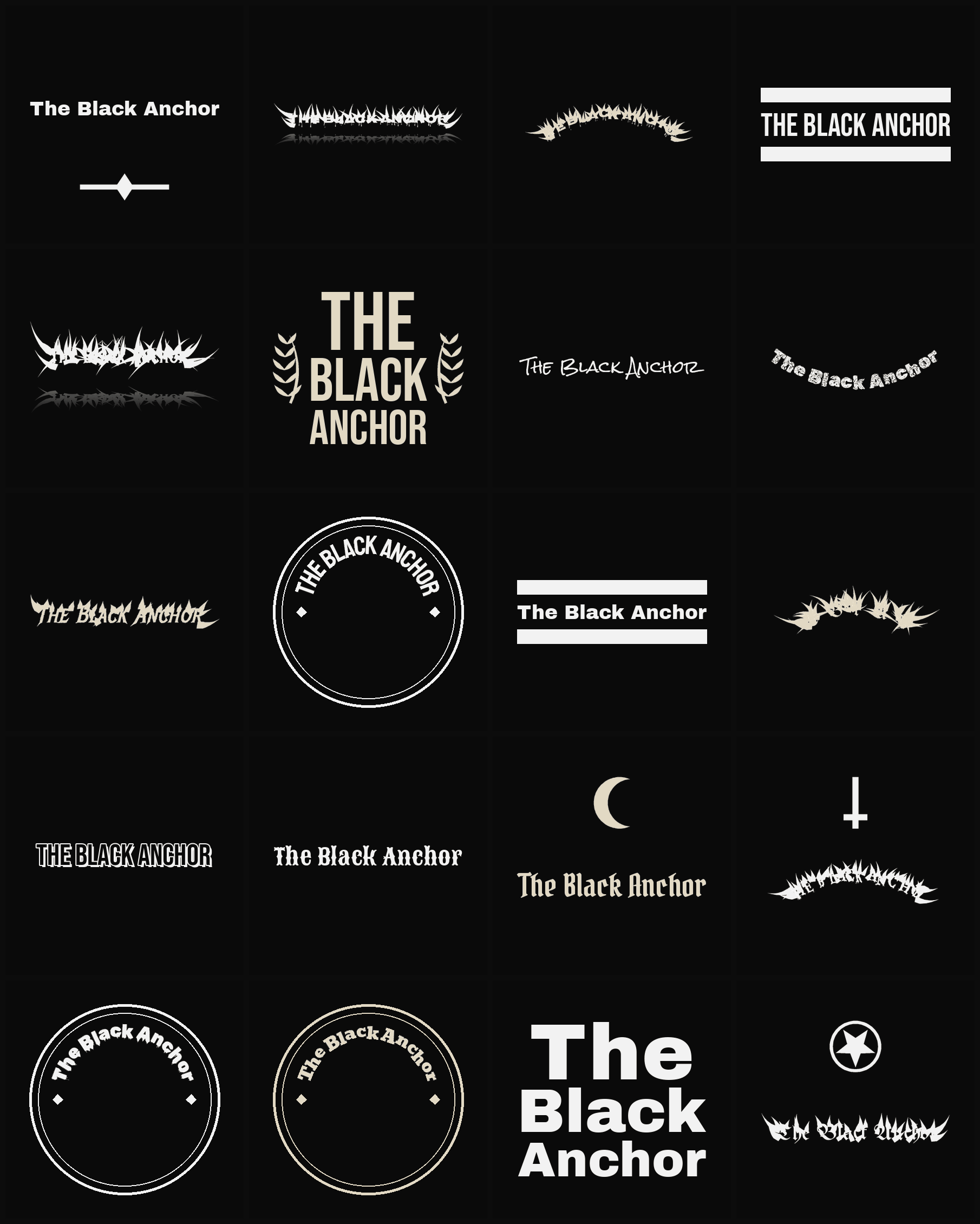 Twenty The Black Anchor band logo ideas — different faces, treatments and spike settings
