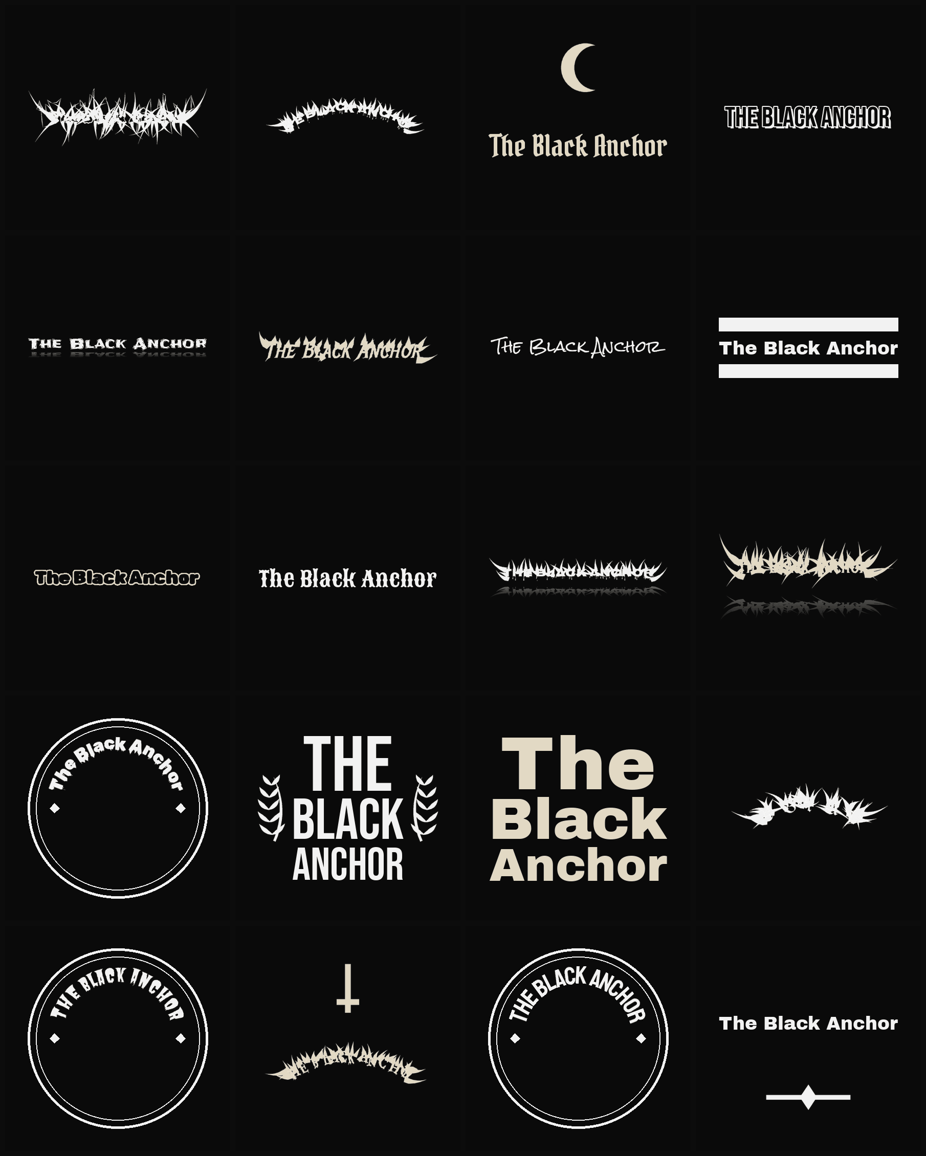 Twenty The Black Anchor band logo ideas — different faces, treatments and spike settings