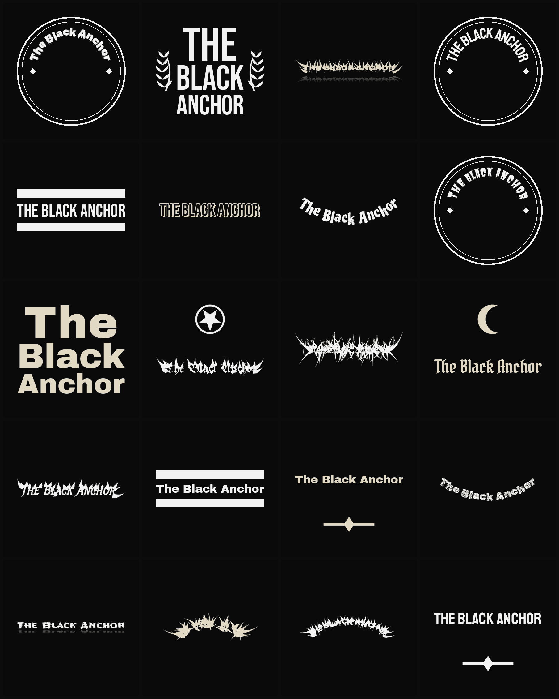 Twenty The Black Anchor band logo ideas — different faces, treatments and spike settings