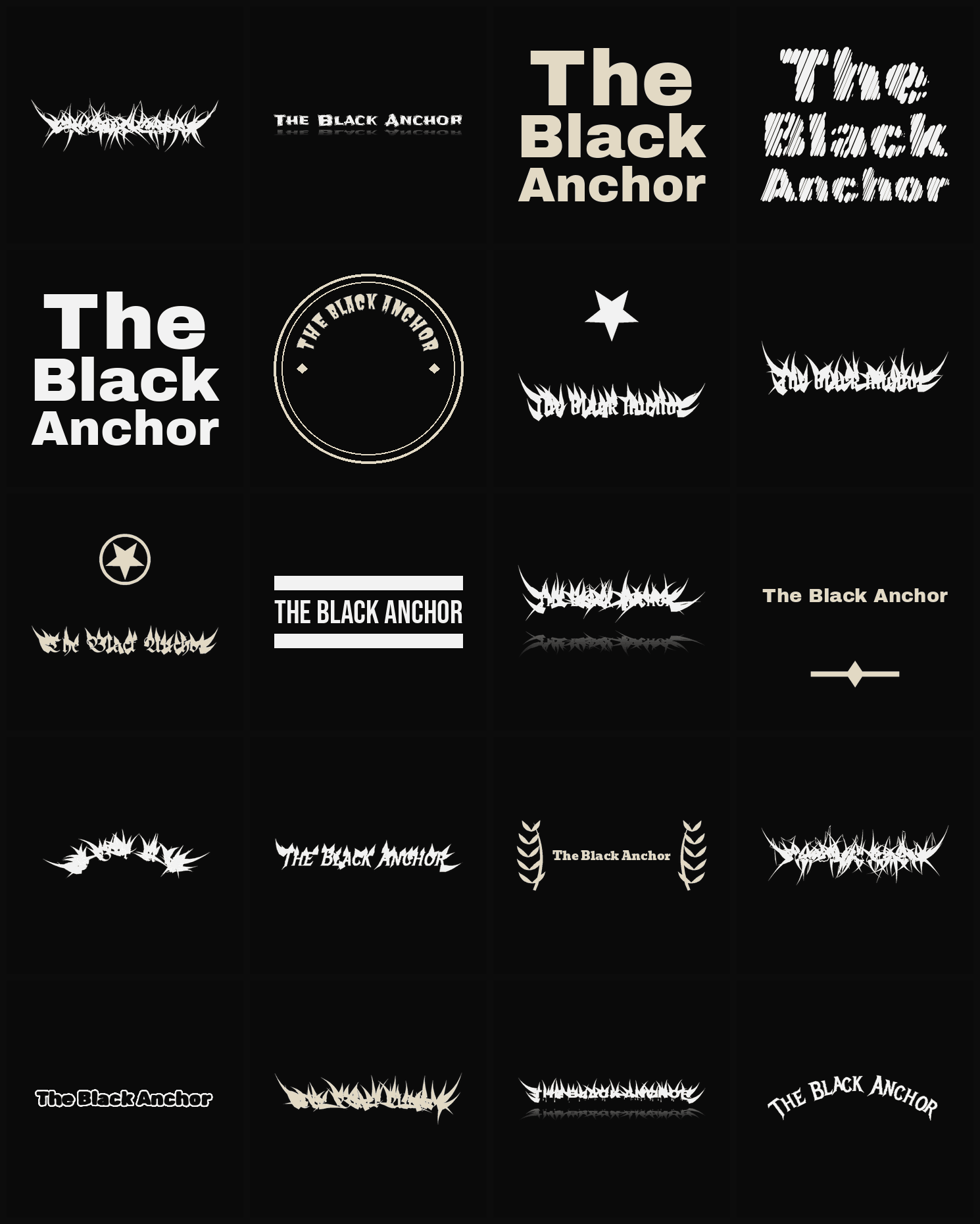 Twenty The Black Anchor band logo ideas — different faces, treatments and spike settings