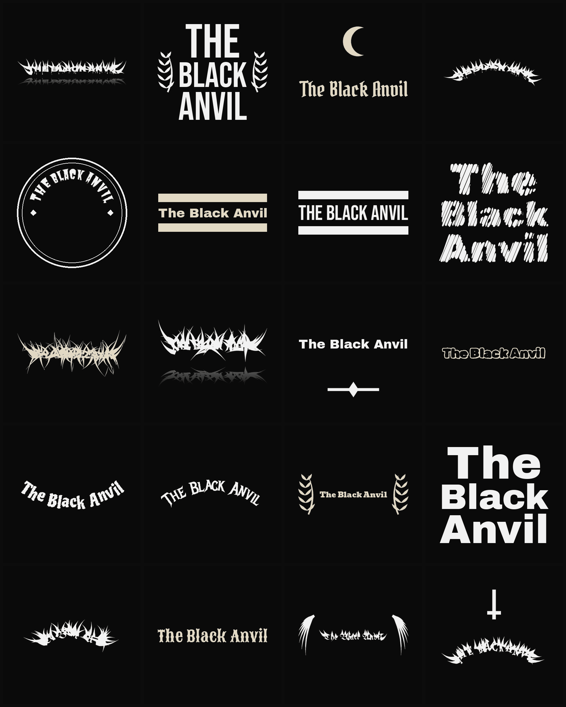 Twenty The Black Anvil band logo ideas — different faces, treatments and spike settings