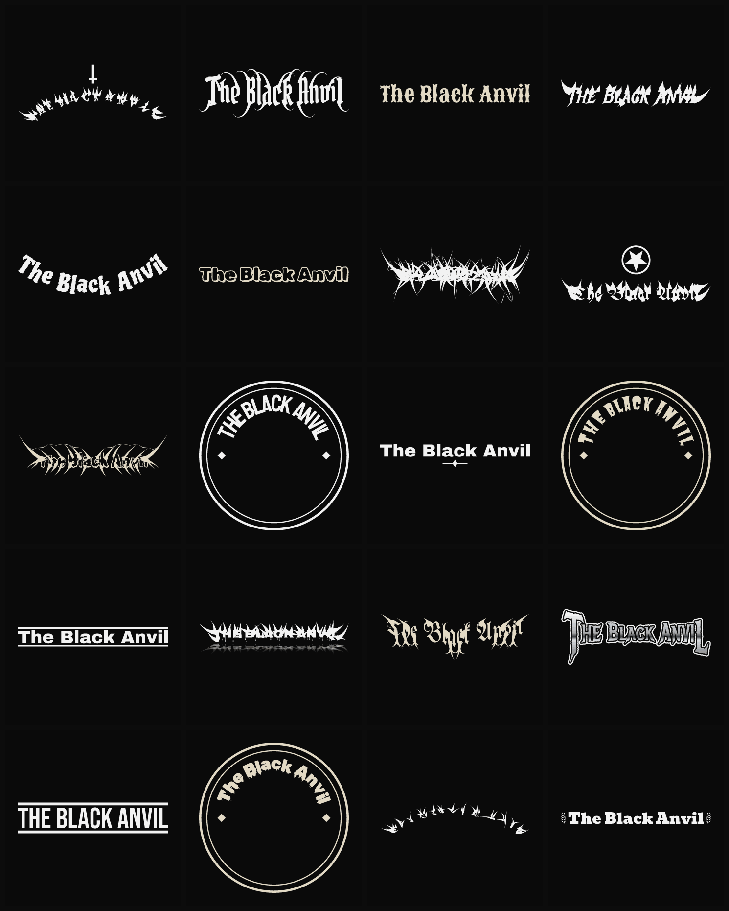 Twenty The Black Anvil band logo ideas — different faces, treatments and spike settings