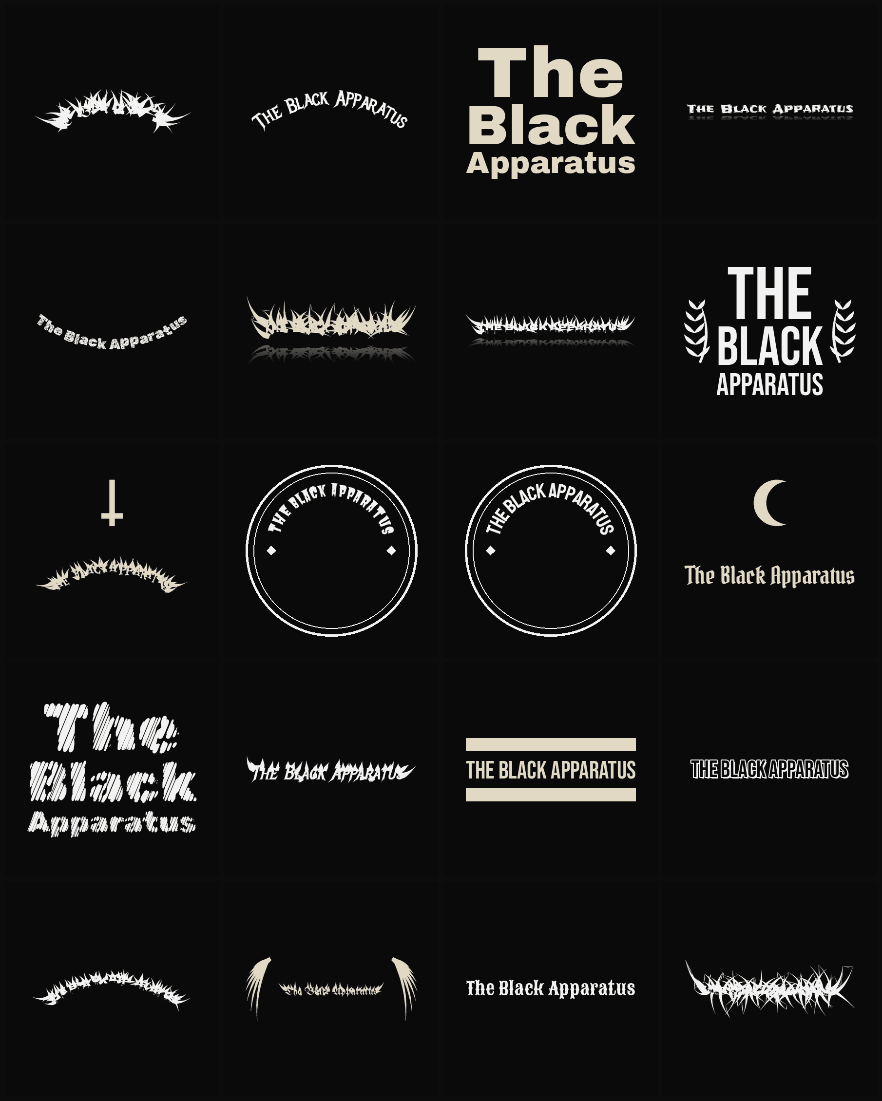 Twenty The Black Apparatus band logo ideas — different faces, treatments and spike settings