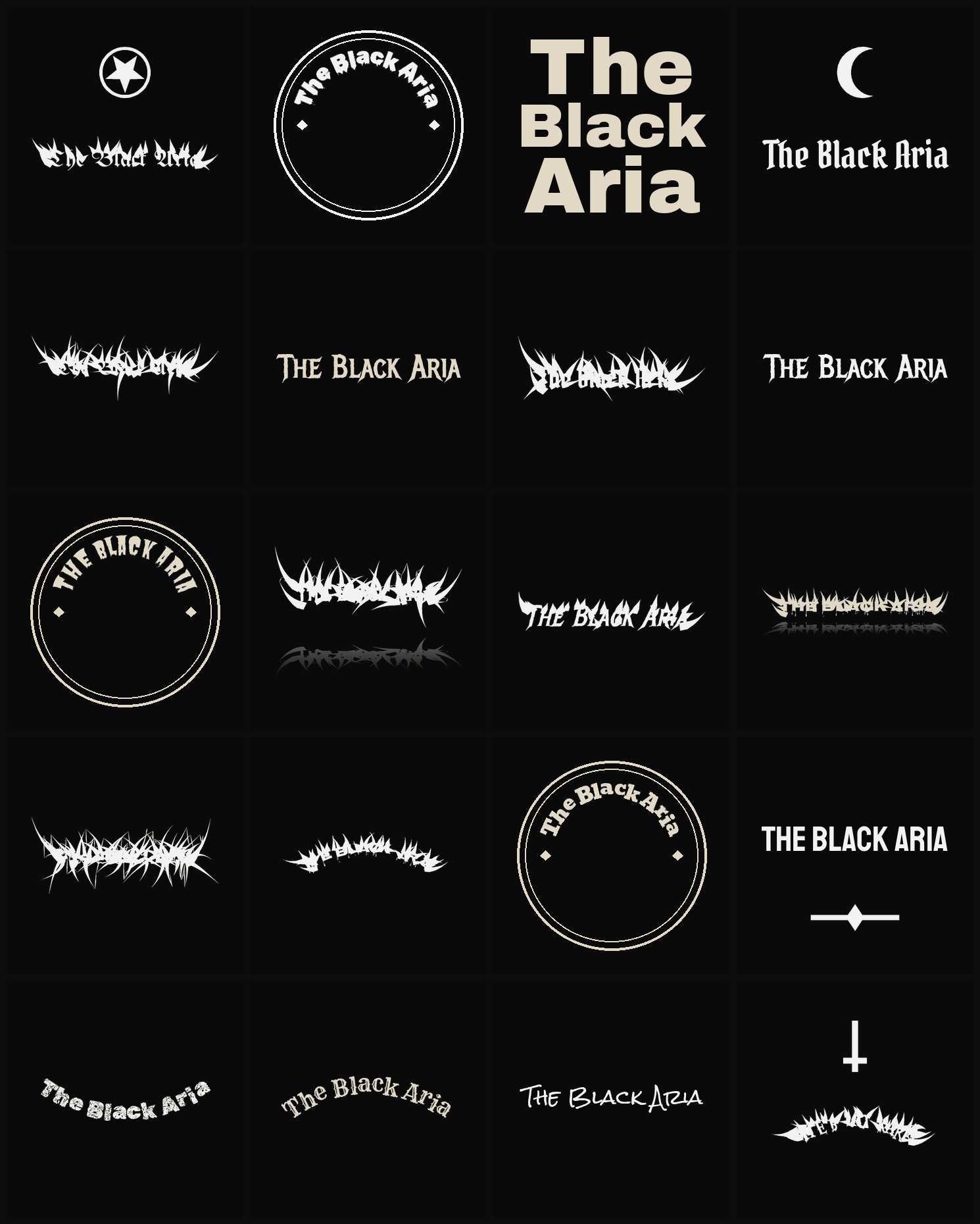 Twenty The Black Aria band logo ideas — different faces, treatments and spike settings