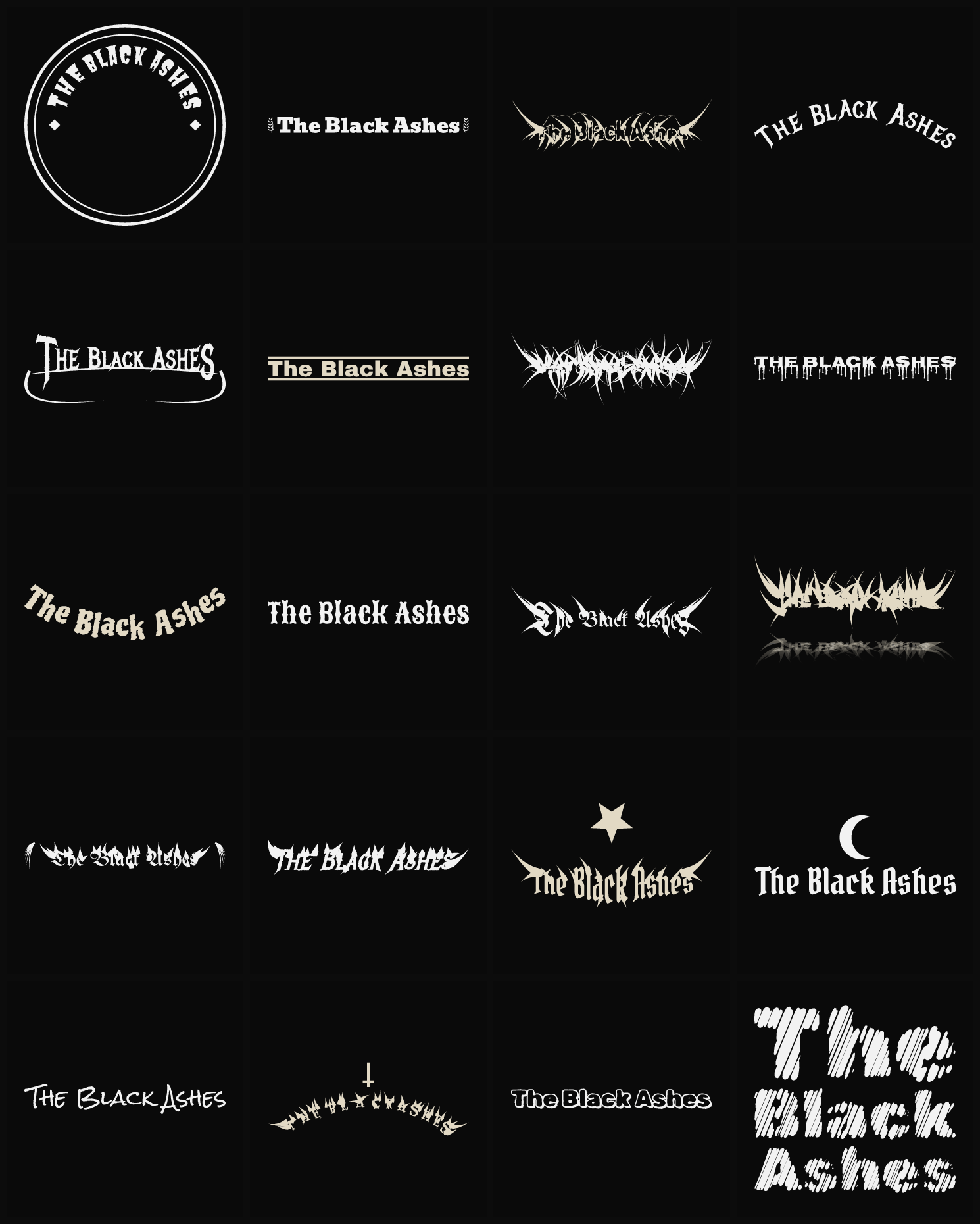 Twenty The Black Ashes band logo ideas — different faces, treatments and spike settings