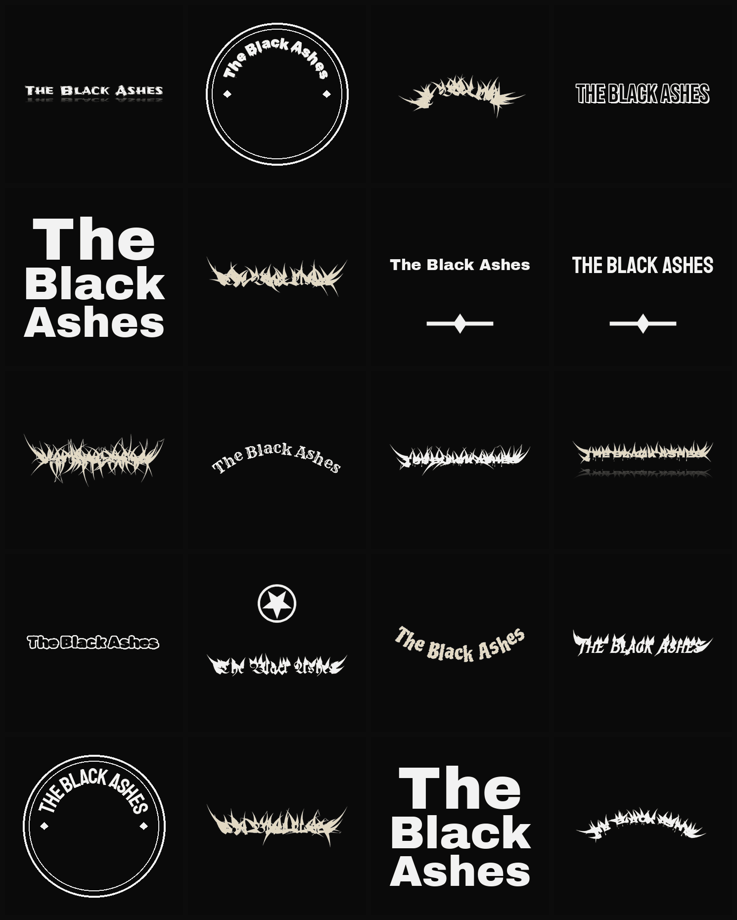Twenty The Black Ashes band logo ideas — different faces, treatments and spike settings