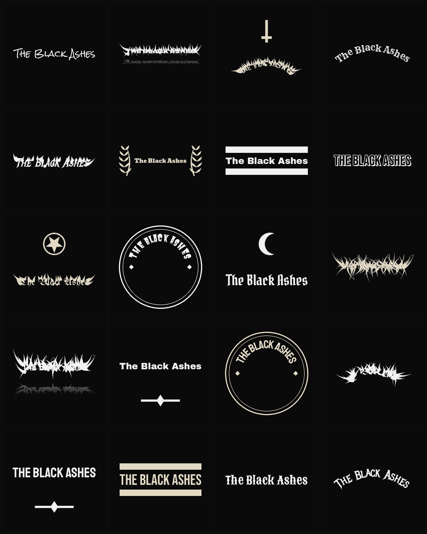 Twenty The Black Ashes band logo ideas — different faces, treatments and spike settings