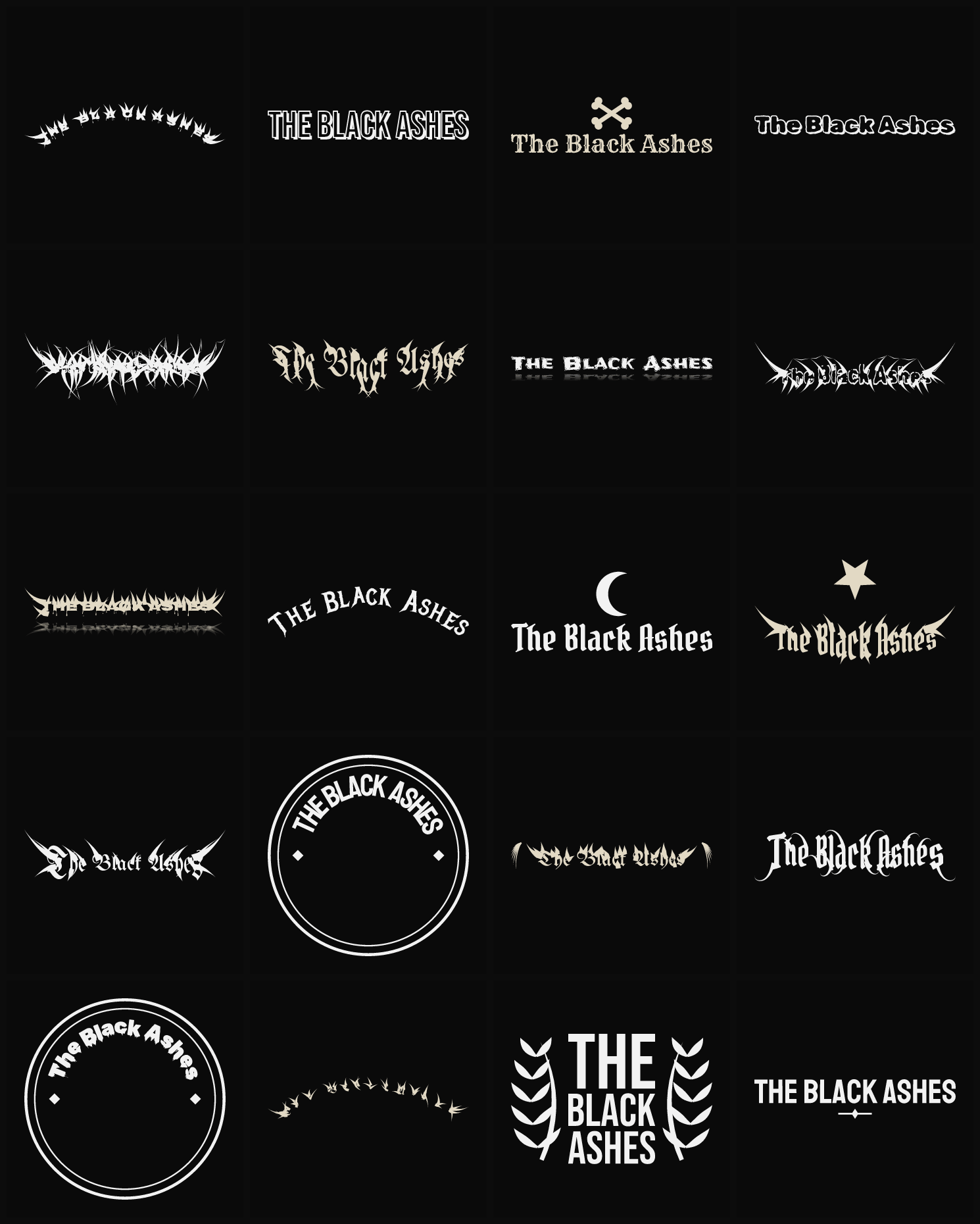 Twenty The Black Ashes band logo ideas — different faces, treatments and spike settings