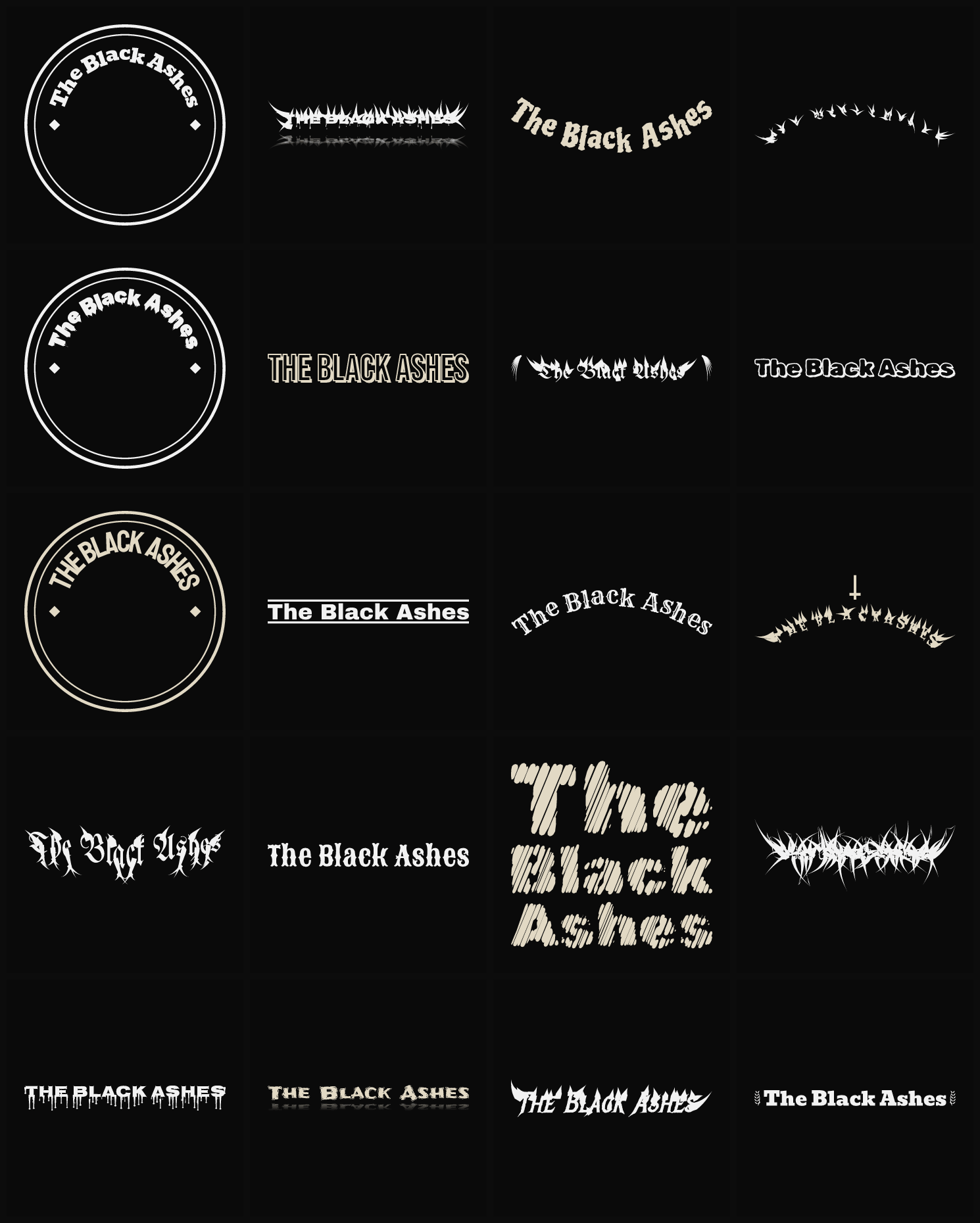 Twenty The Black Ashes band logo ideas — different faces, treatments and spike settings