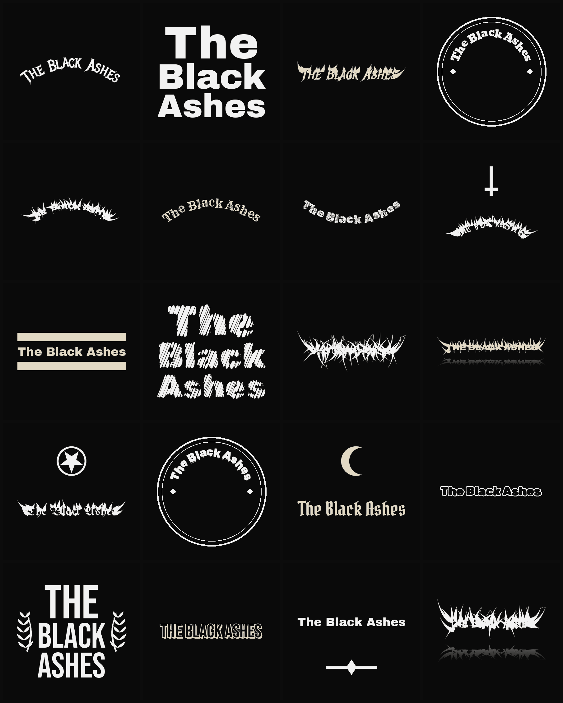 Twenty The Black Ashes band logo ideas — different faces, treatments and spike settings