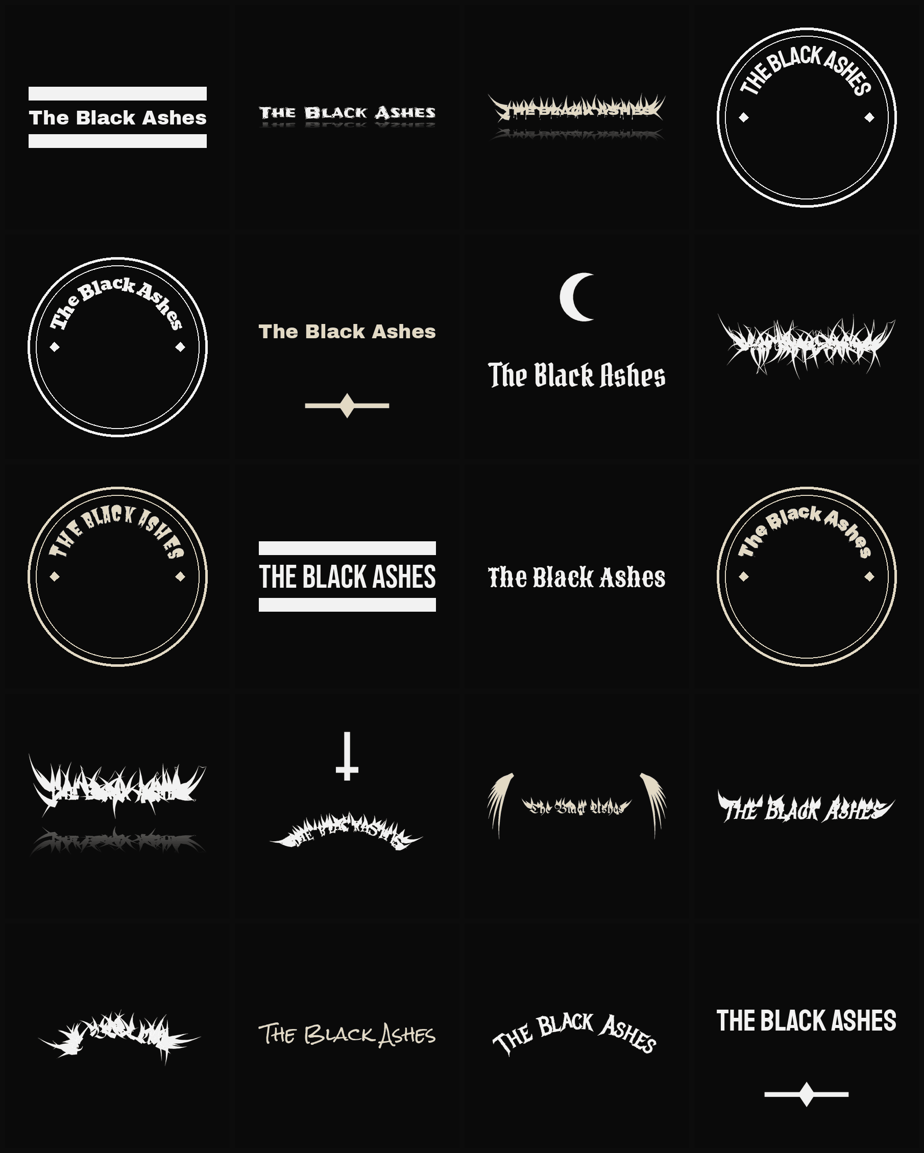 Twenty The Black Ashes band logo ideas — different faces, treatments and spike settings