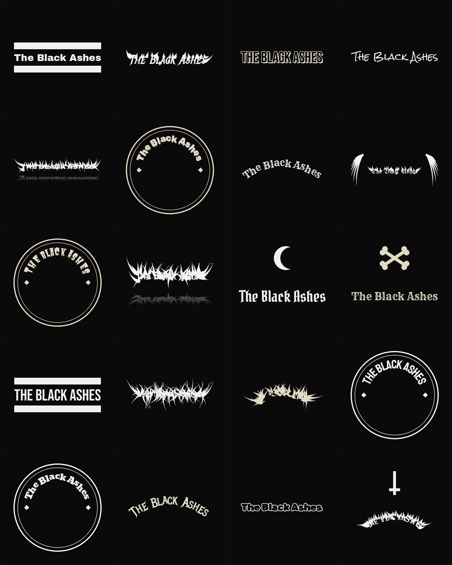 Twenty The Black Ashes band logo ideas — different faces, treatments and spike settings