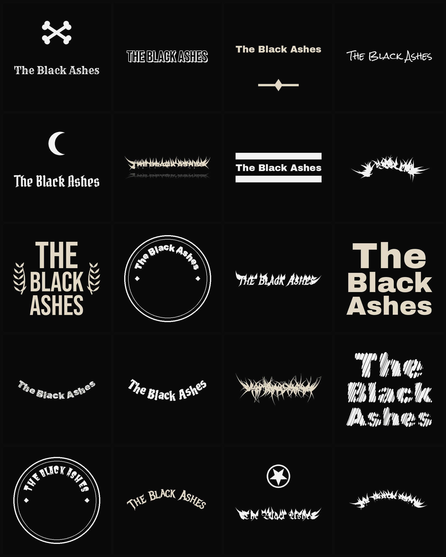 Twenty The Black Ashes band logo ideas — different faces, treatments and spike settings