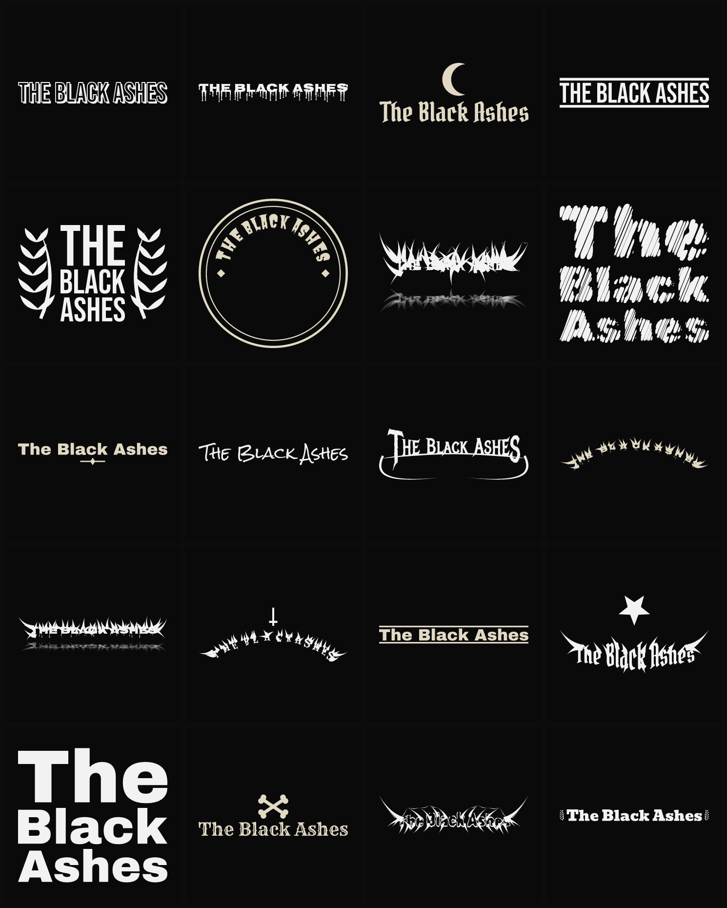 Twenty The Black Ashes band logo ideas — different faces, treatments and spike settings