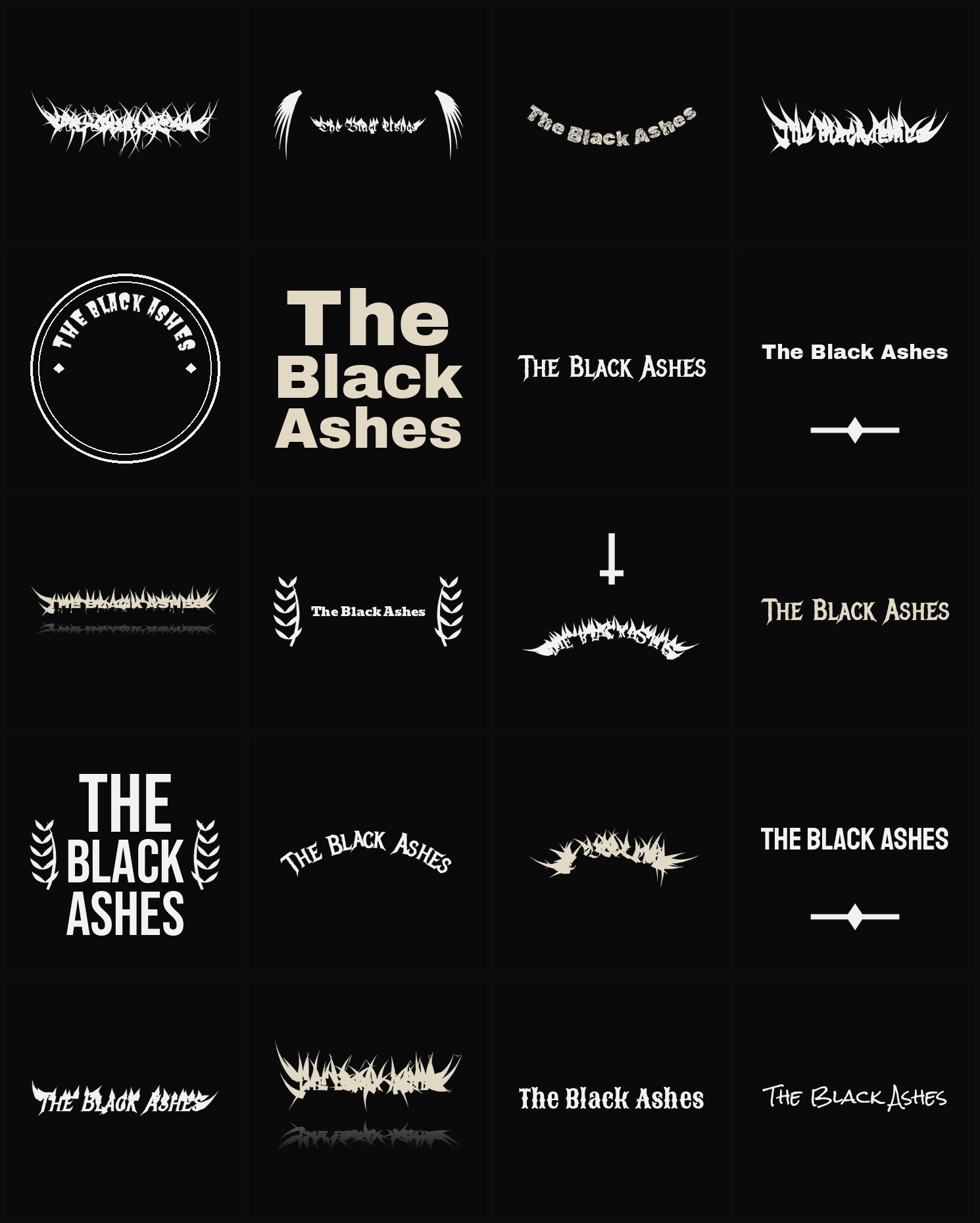 Twenty The Black Ashes band logo ideas — different faces, treatments and spike settings