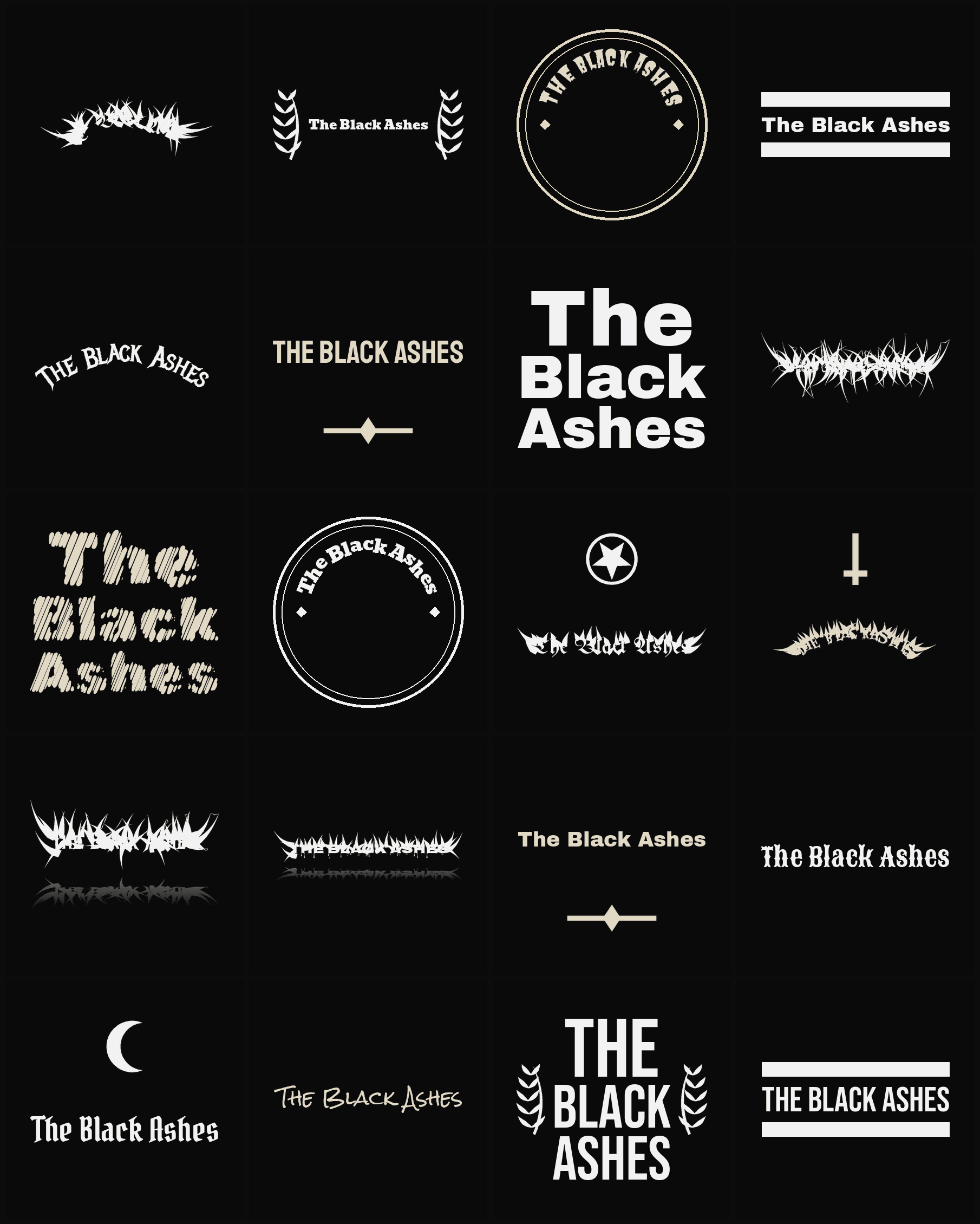 Twenty The Black Ashes band logo ideas — different faces, treatments and spike settings