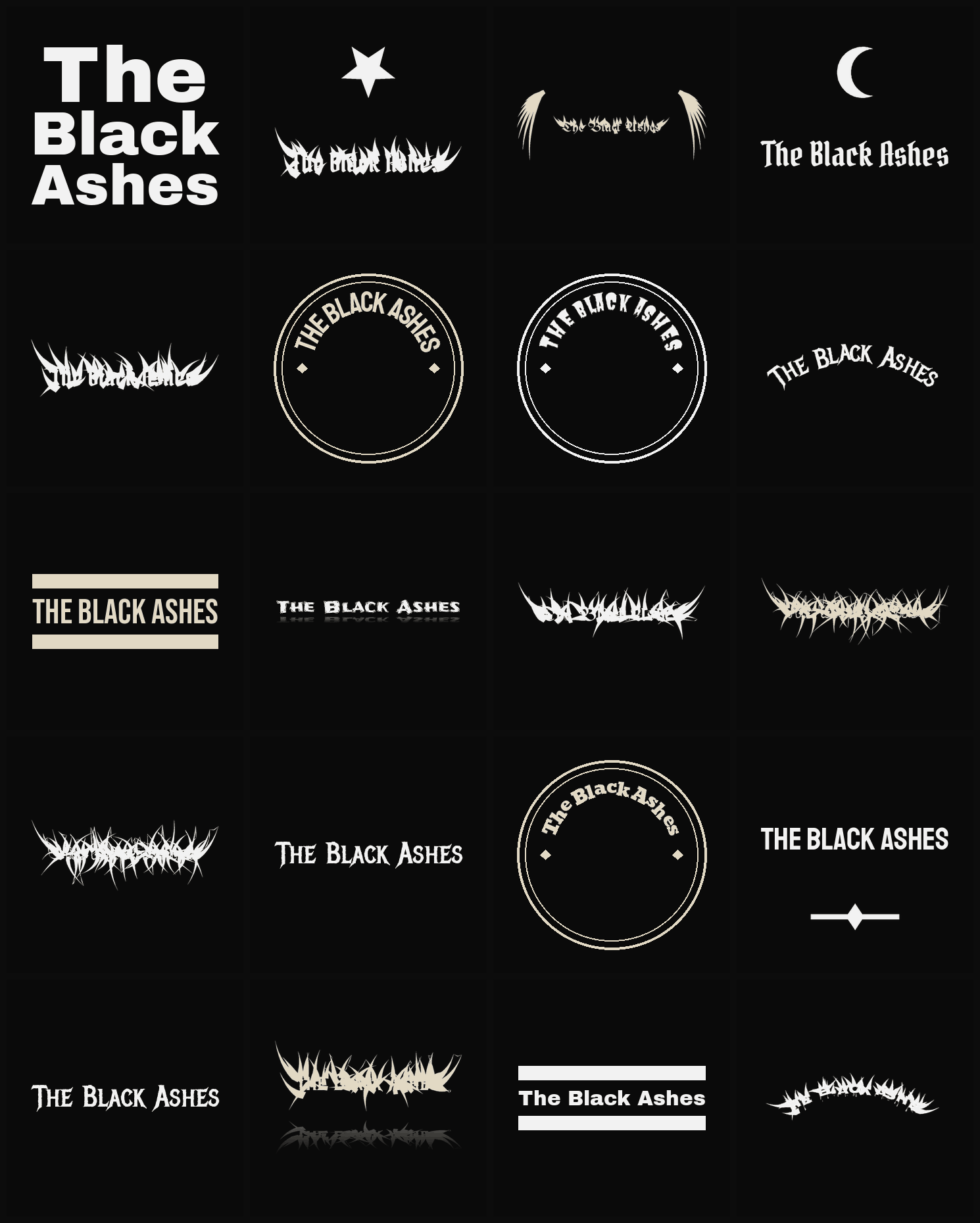 Twenty The Black Ashes band logo ideas — different faces, treatments and spike settings