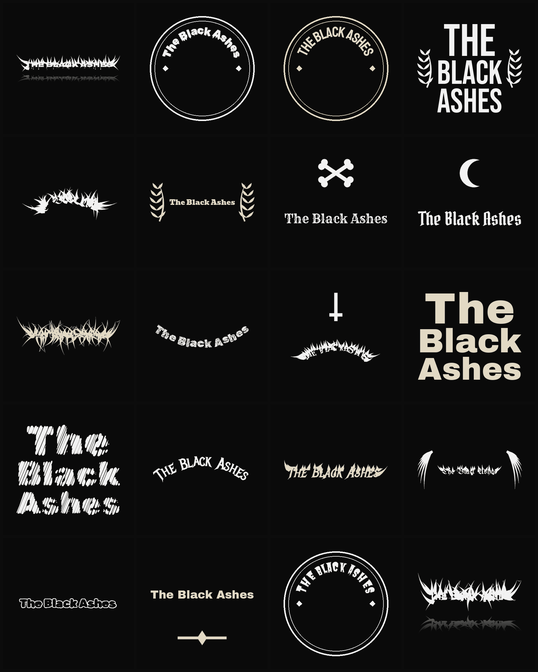 Twenty The Black Ashes band logo ideas — different faces, treatments and spike settings