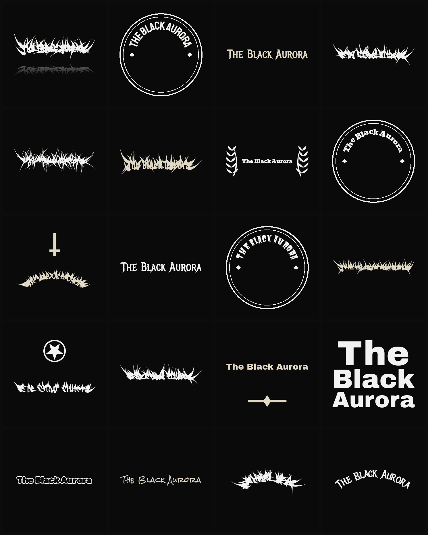 Twenty The Black Aurora band logo ideas — different faces, treatments and spike settings