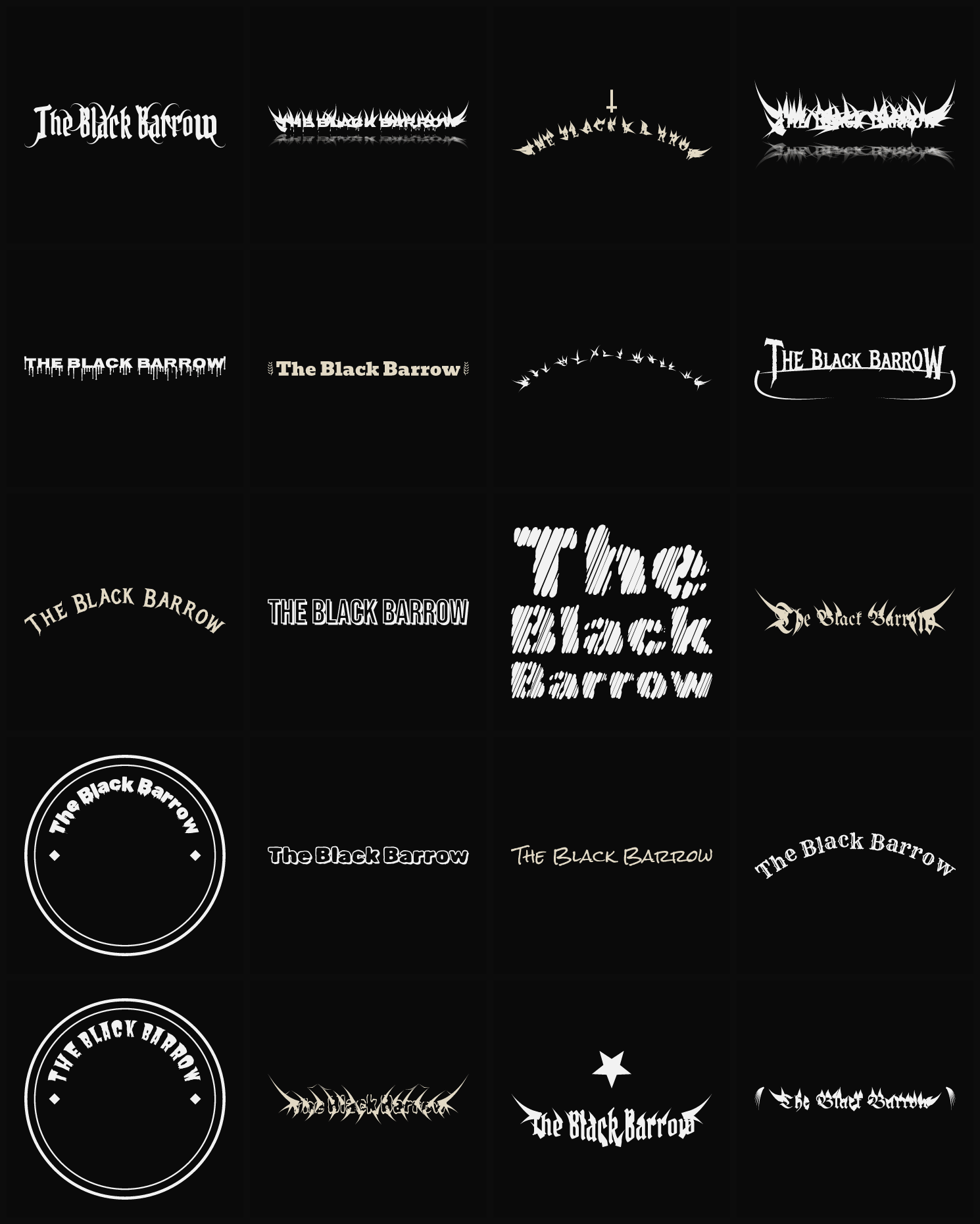 Twenty The Black Barrow band logo ideas — different faces, treatments and spike settings