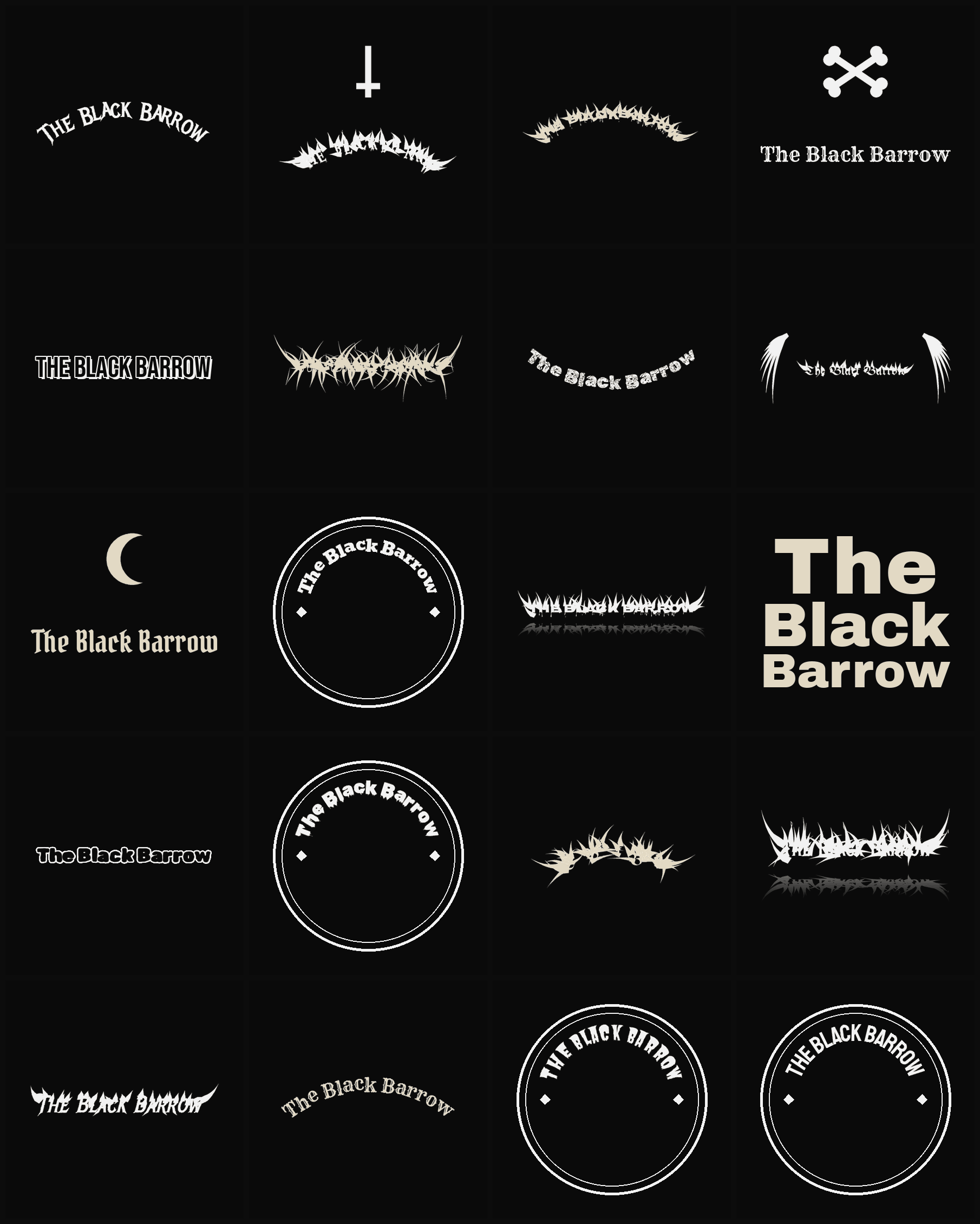 Twenty The Black Barrow band logo ideas — different faces, treatments and spike settings