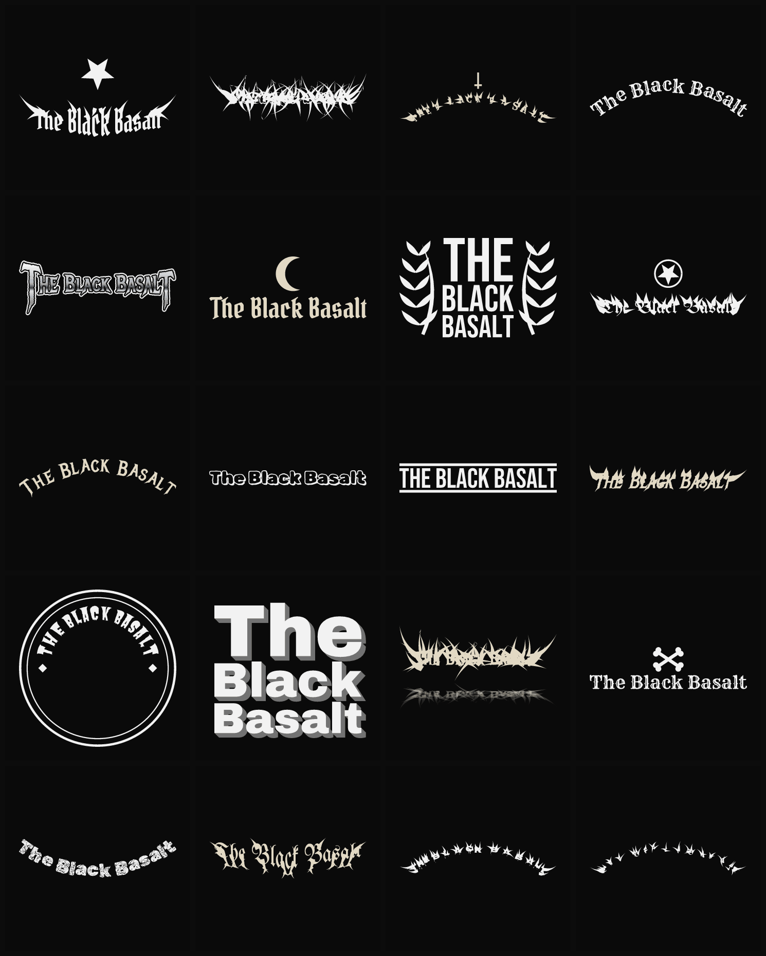 Twenty The Black Basalt band logo ideas — different faces, treatments and spike settings