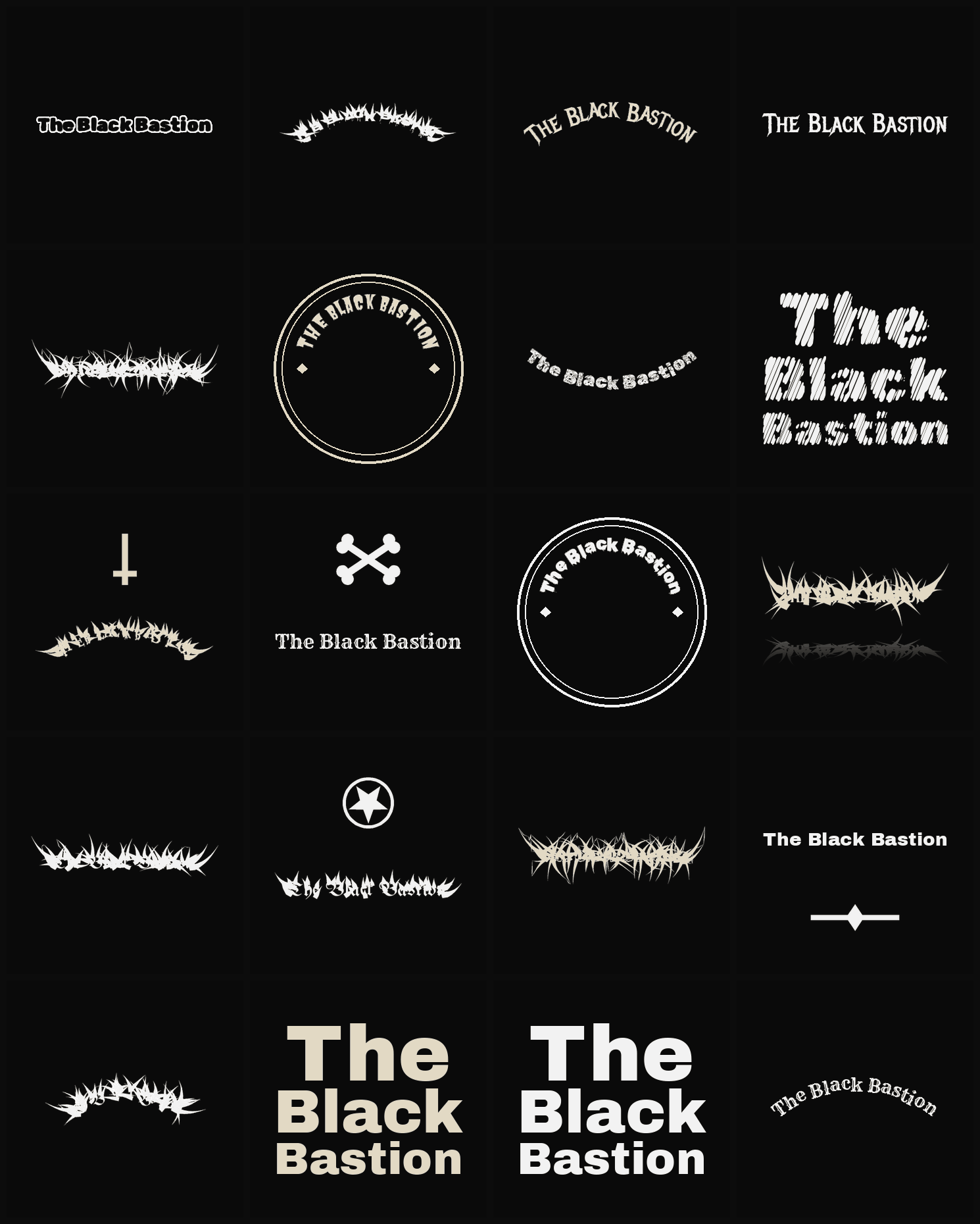 Twenty The Black Bastion band logo ideas — different faces, treatments and spike settings