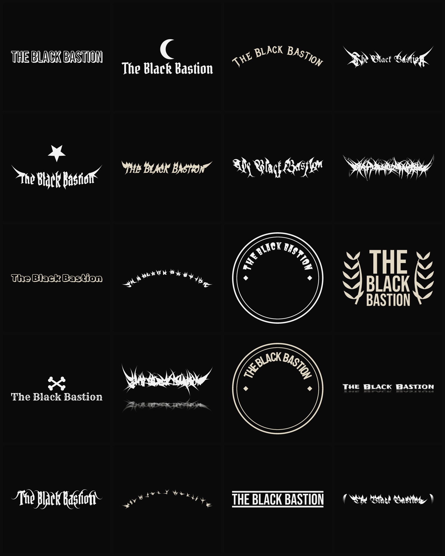 Twenty The Black Bastion band logo ideas — different faces, treatments and spike settings