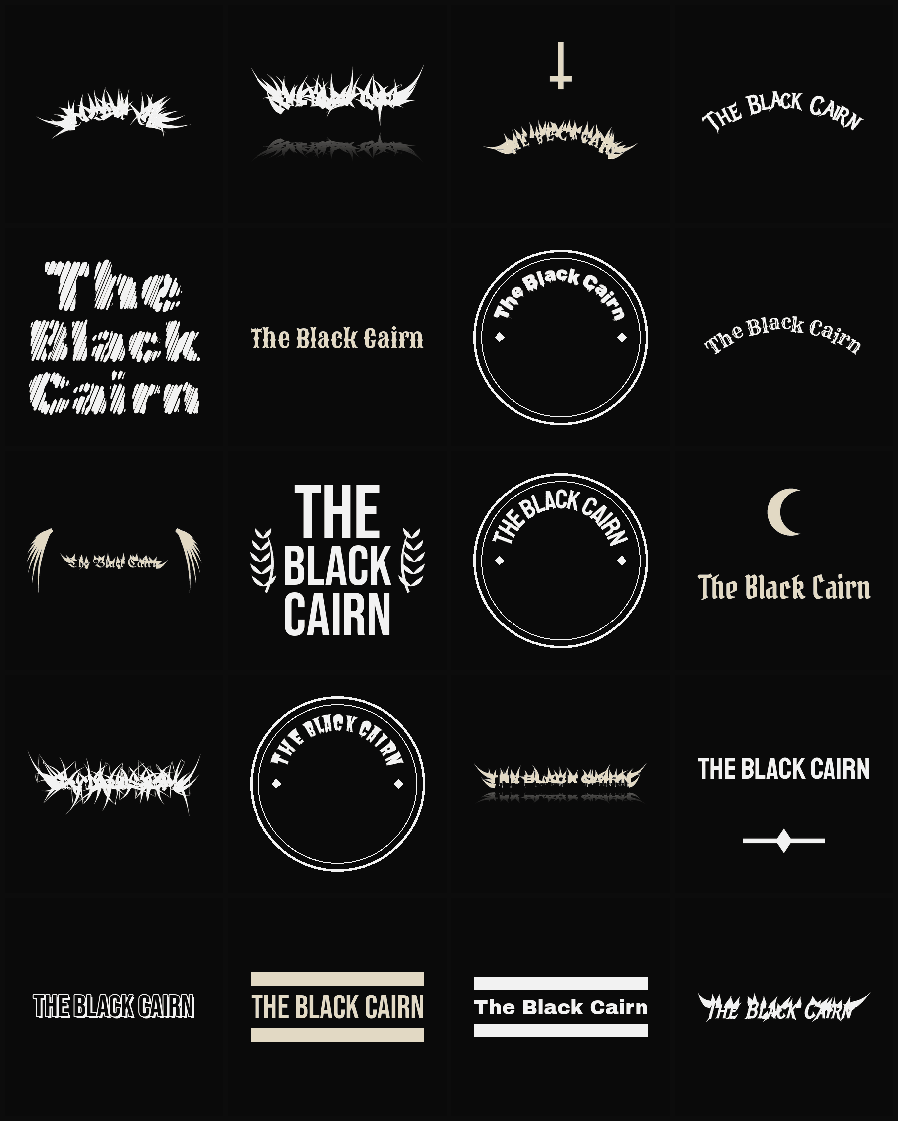 Twenty The Black Cairn band logo ideas — different faces, treatments and spike settings