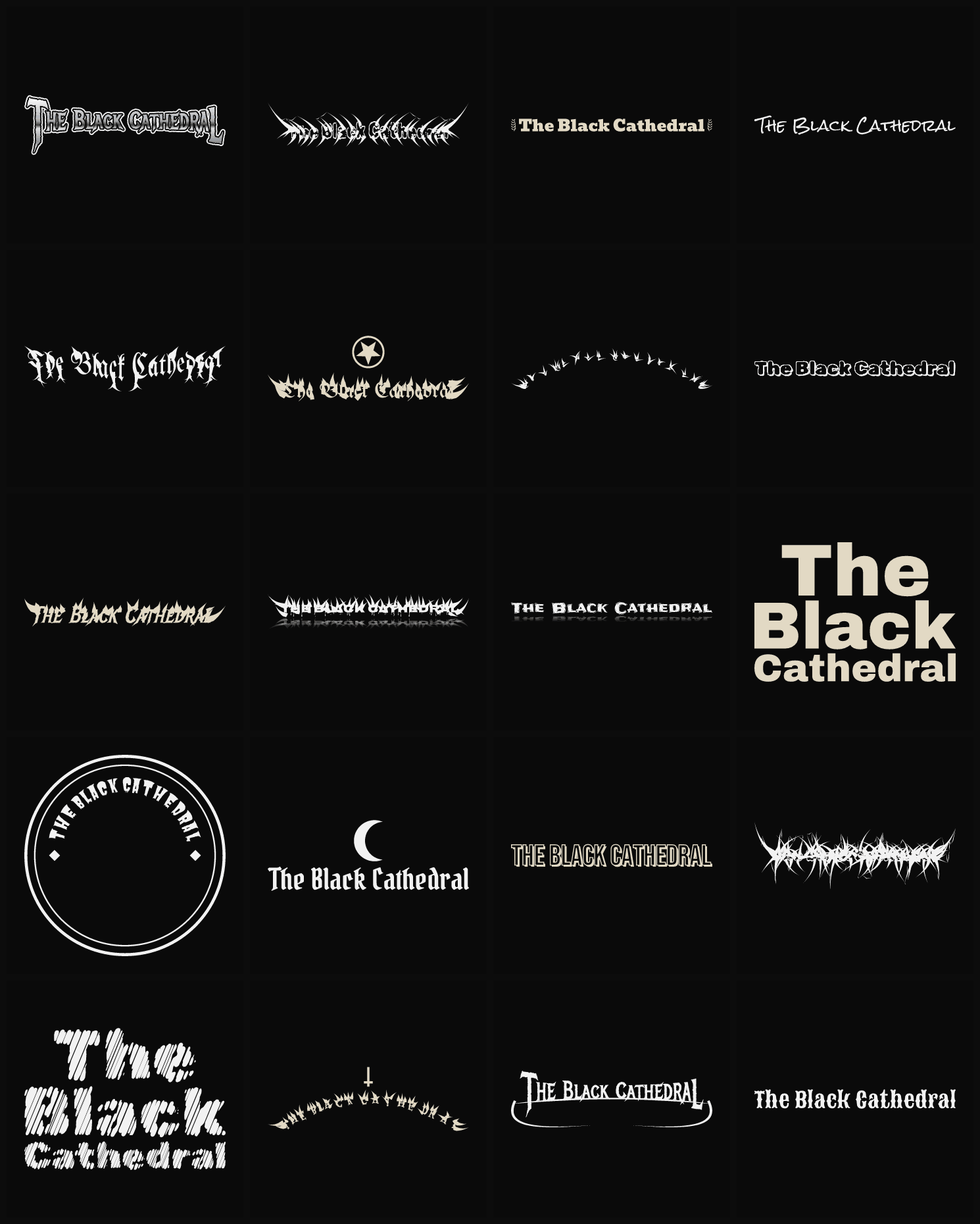Twenty The Black Cathedral band logo ideas — different faces, treatments and spike settings