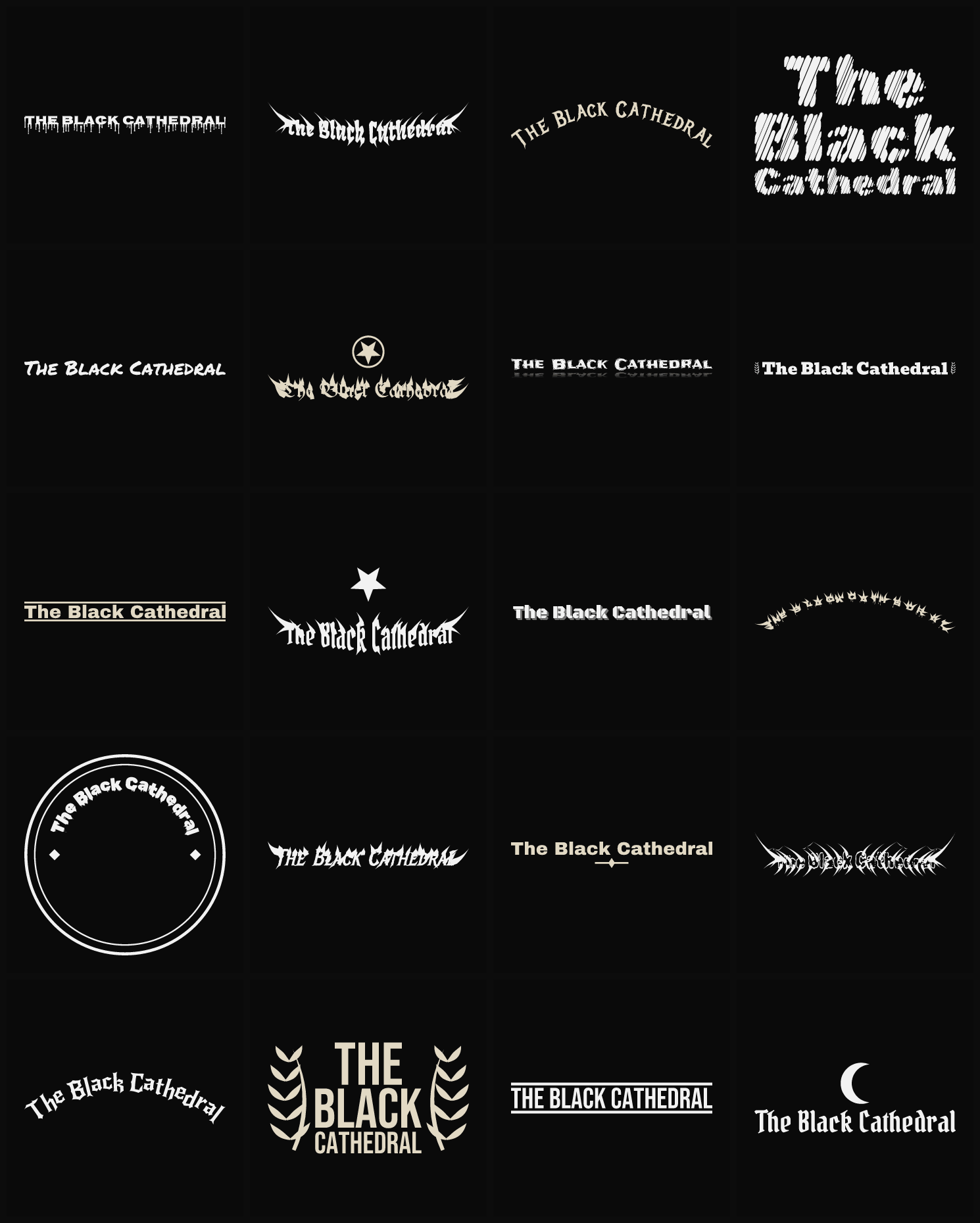 Twenty The Black Cathedral band logo ideas — different faces, treatments and spike settings