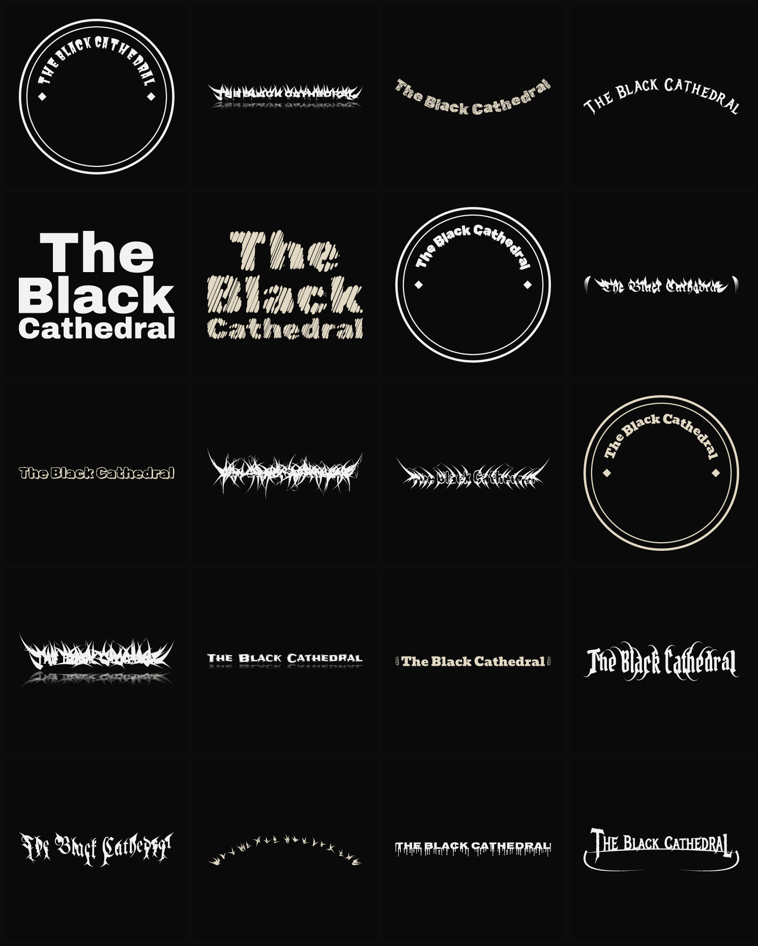 Twenty The Black Cathedral band logo ideas — different faces, treatments and spike settings