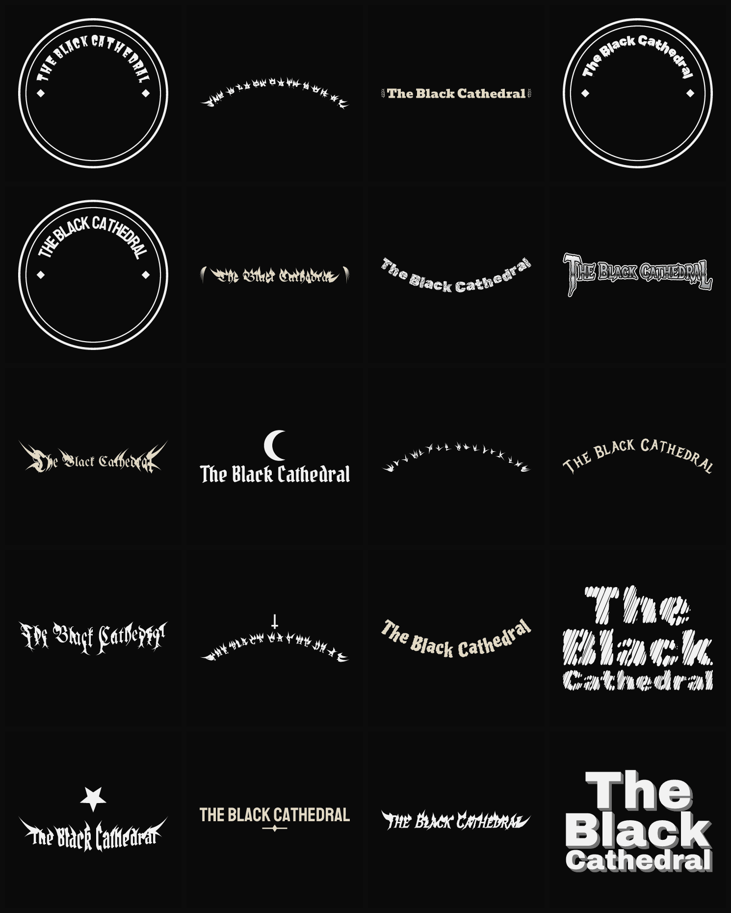 Twenty The Black Cathedral band logo ideas — different faces, treatments and spike settings