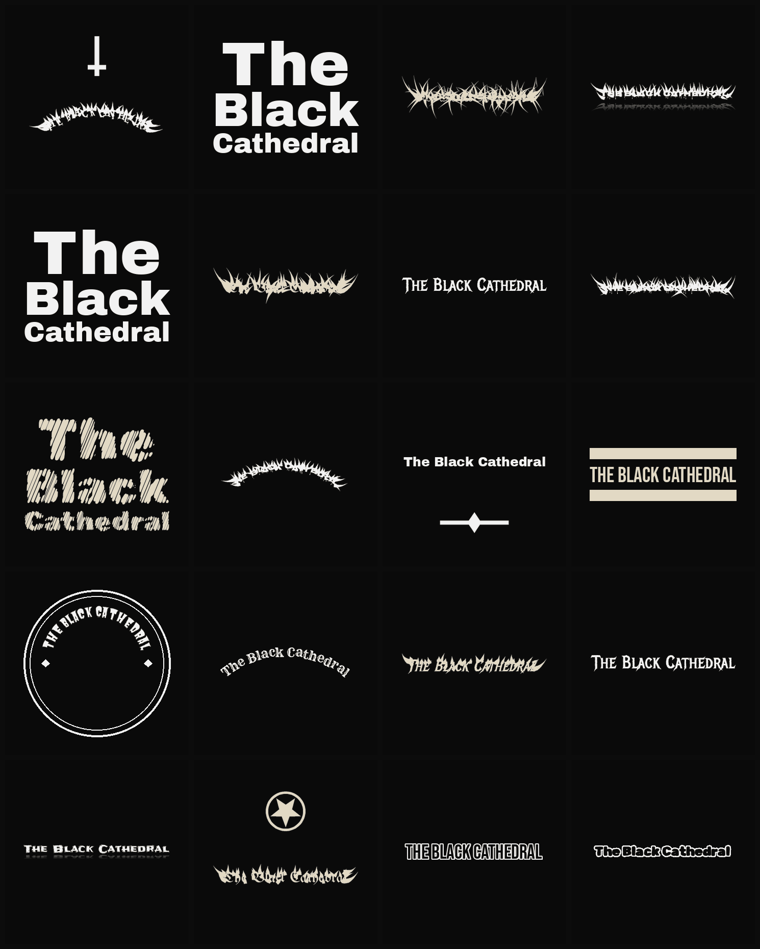 Twenty The Black Cathedral band logo ideas — different faces, treatments and spike settings