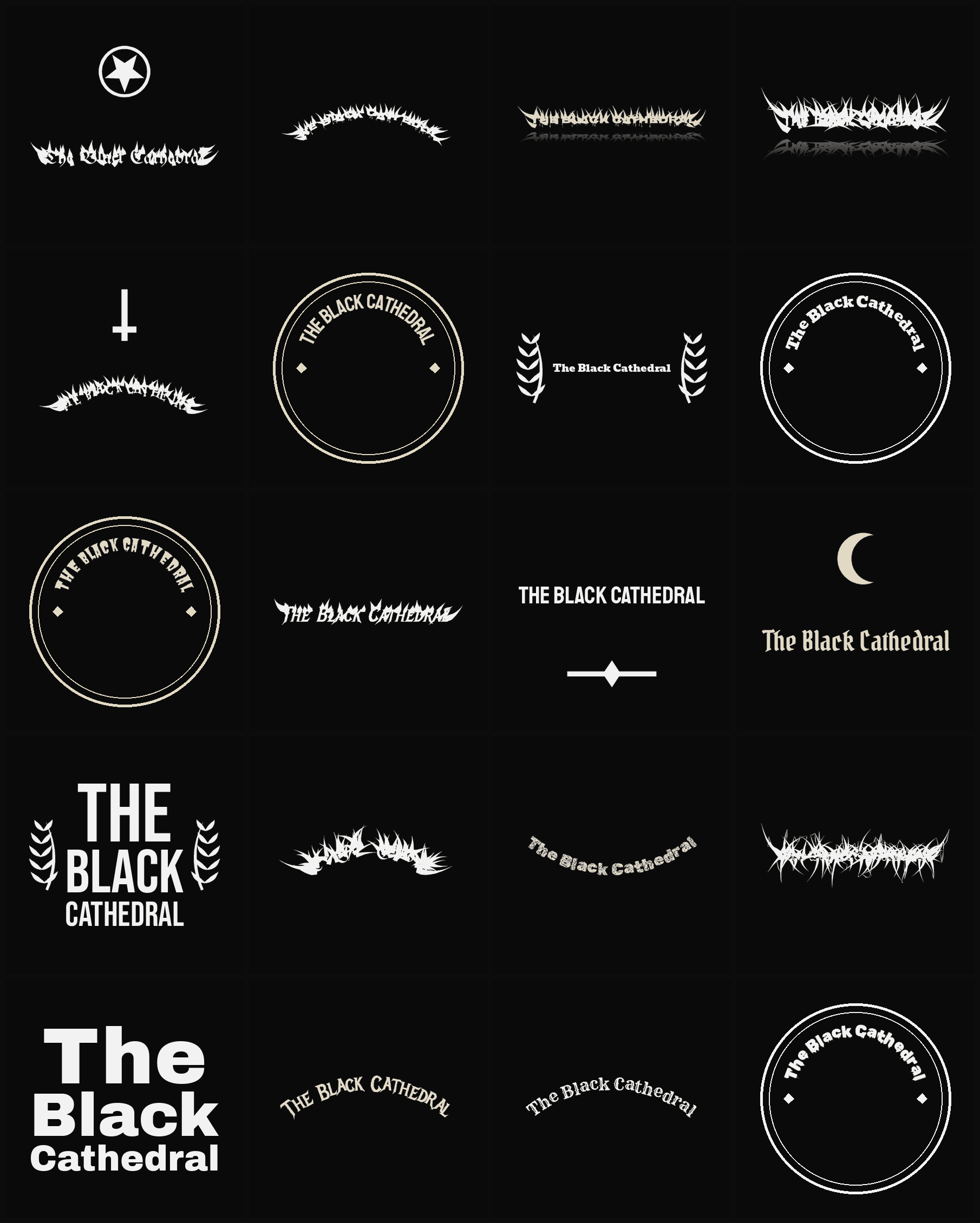 Twenty The Black Cathedral band logo ideas — different faces, treatments and spike settings