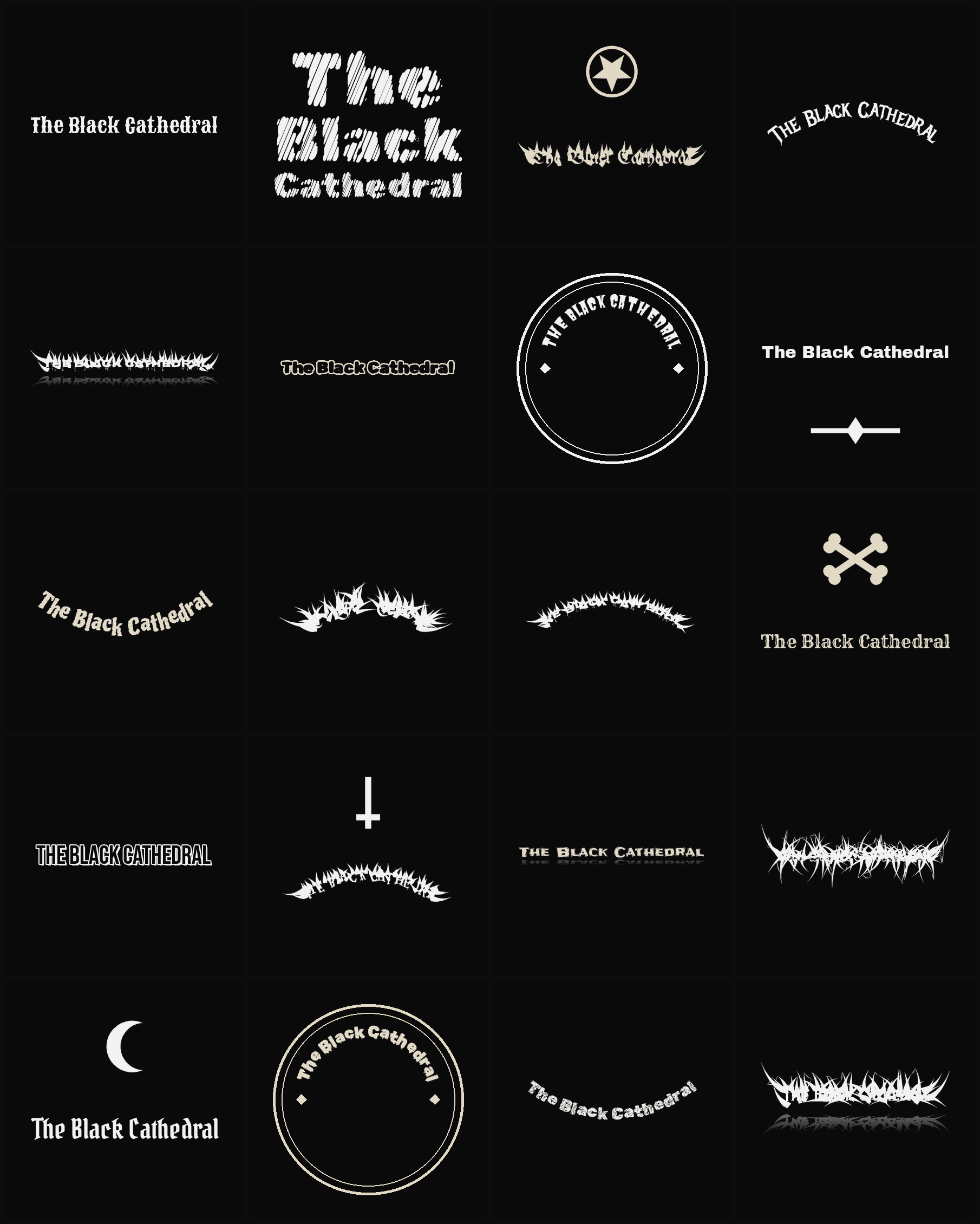Twenty The Black Cathedral band logo ideas — different faces, treatments and spike settings