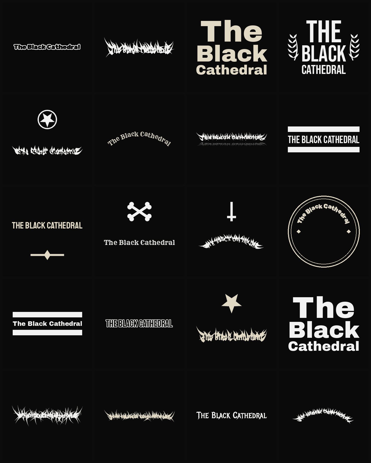 Twenty The Black Cathedral band logo ideas — different faces, treatments and spike settings