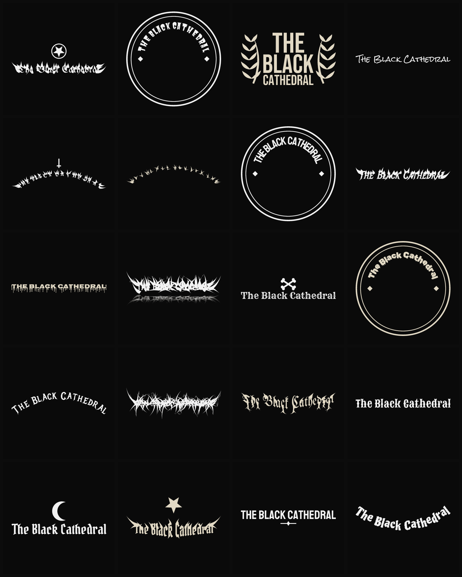 Twenty The Black Cathedral band logo ideas — different faces, treatments and spike settings