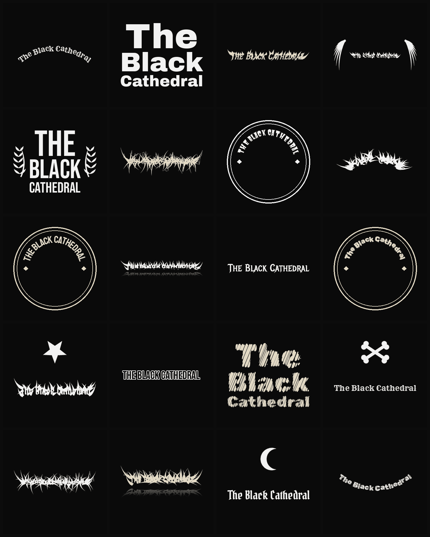 Twenty The Black Cathedral band logo ideas — different faces, treatments and spike settings
