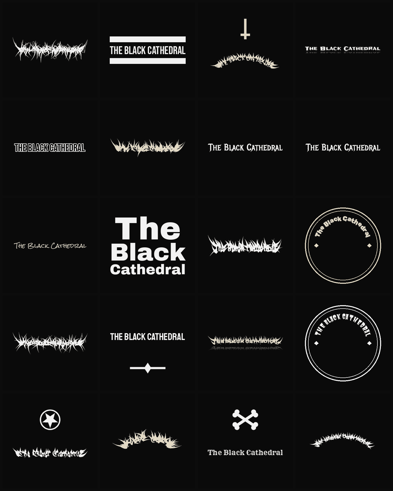 Twenty The Black Cathedral band logo ideas — different faces, treatments and spike settings