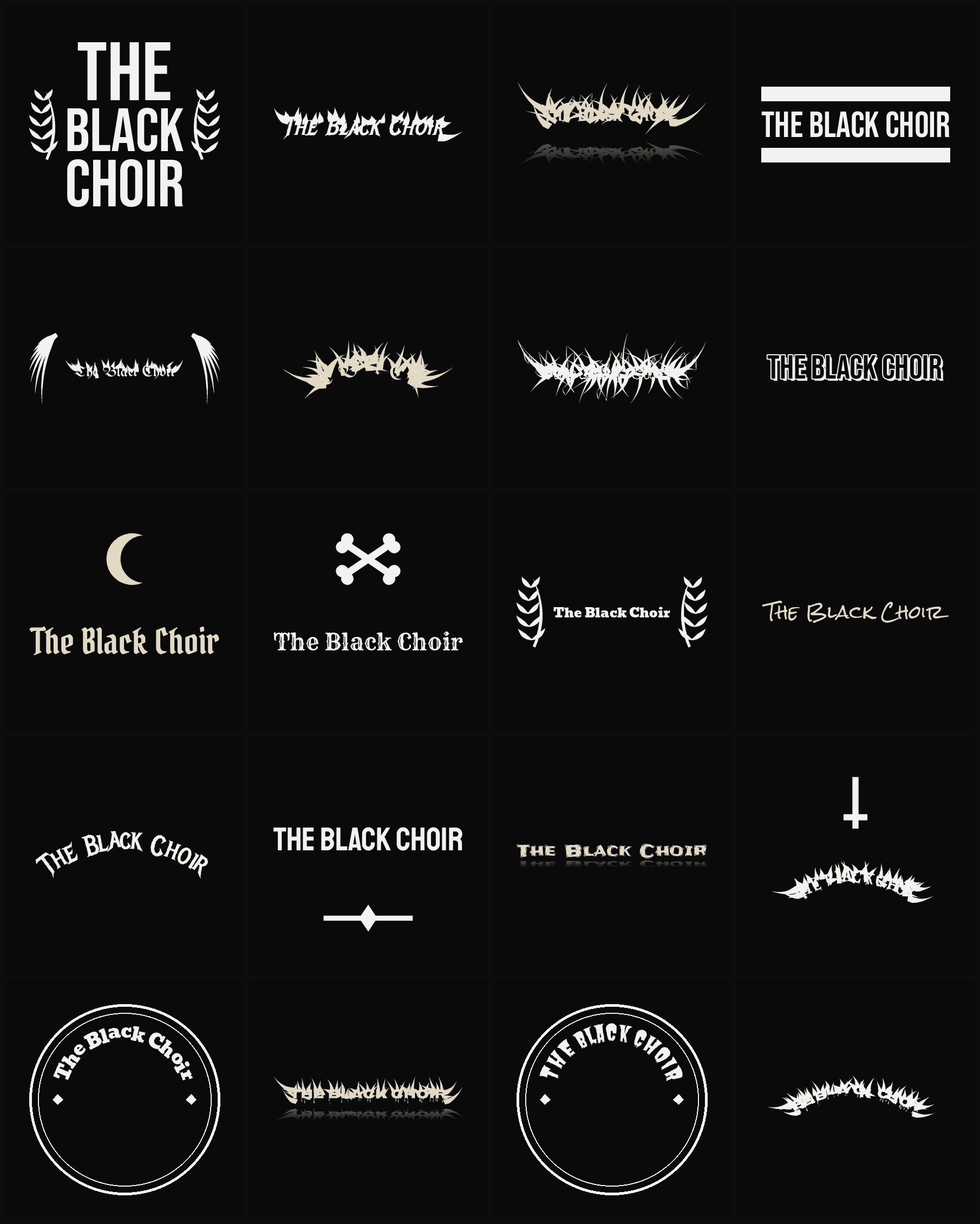 Twenty The Black Choir band logo ideas — different faces, treatments and spike settings
