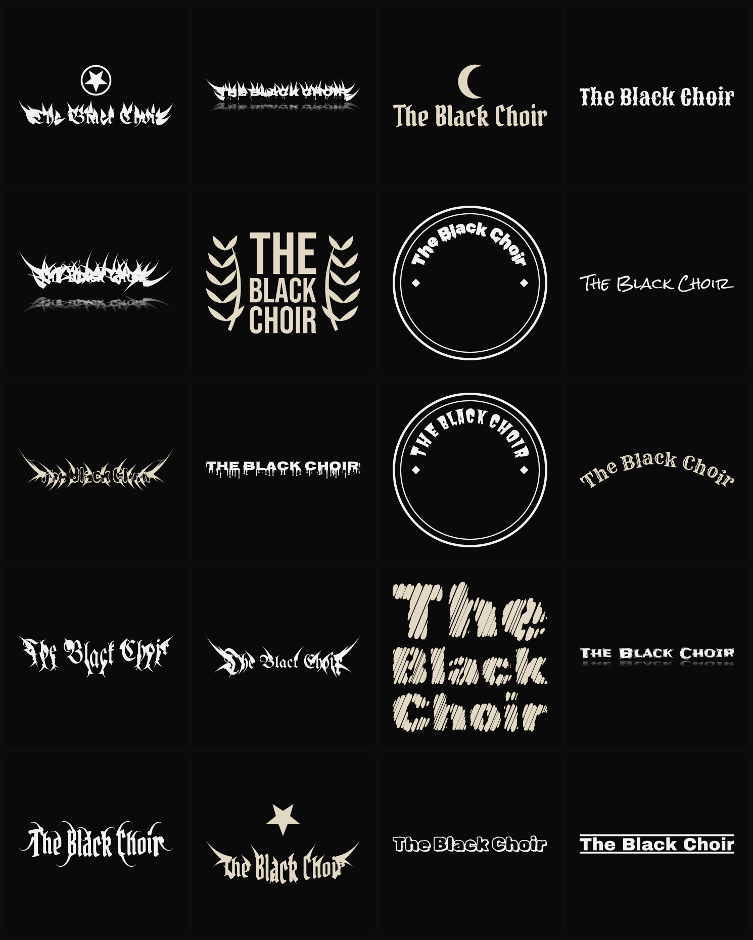 Twenty The Black Choir band logo ideas — different faces, treatments and spike settings