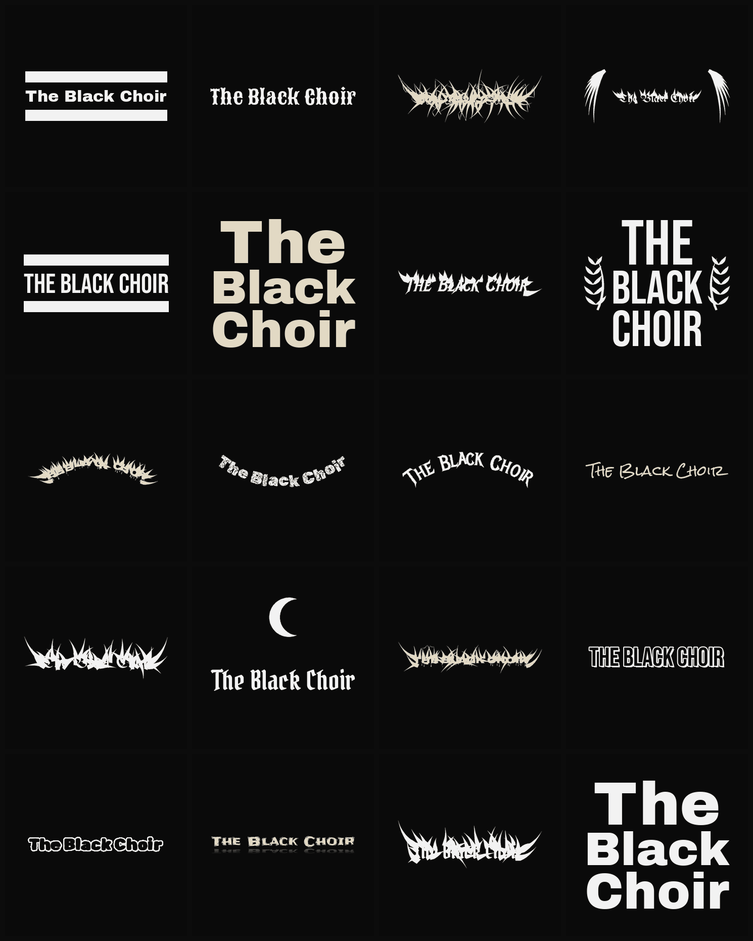 Twenty The Black Choir band logo ideas — different faces, treatments and spike settings