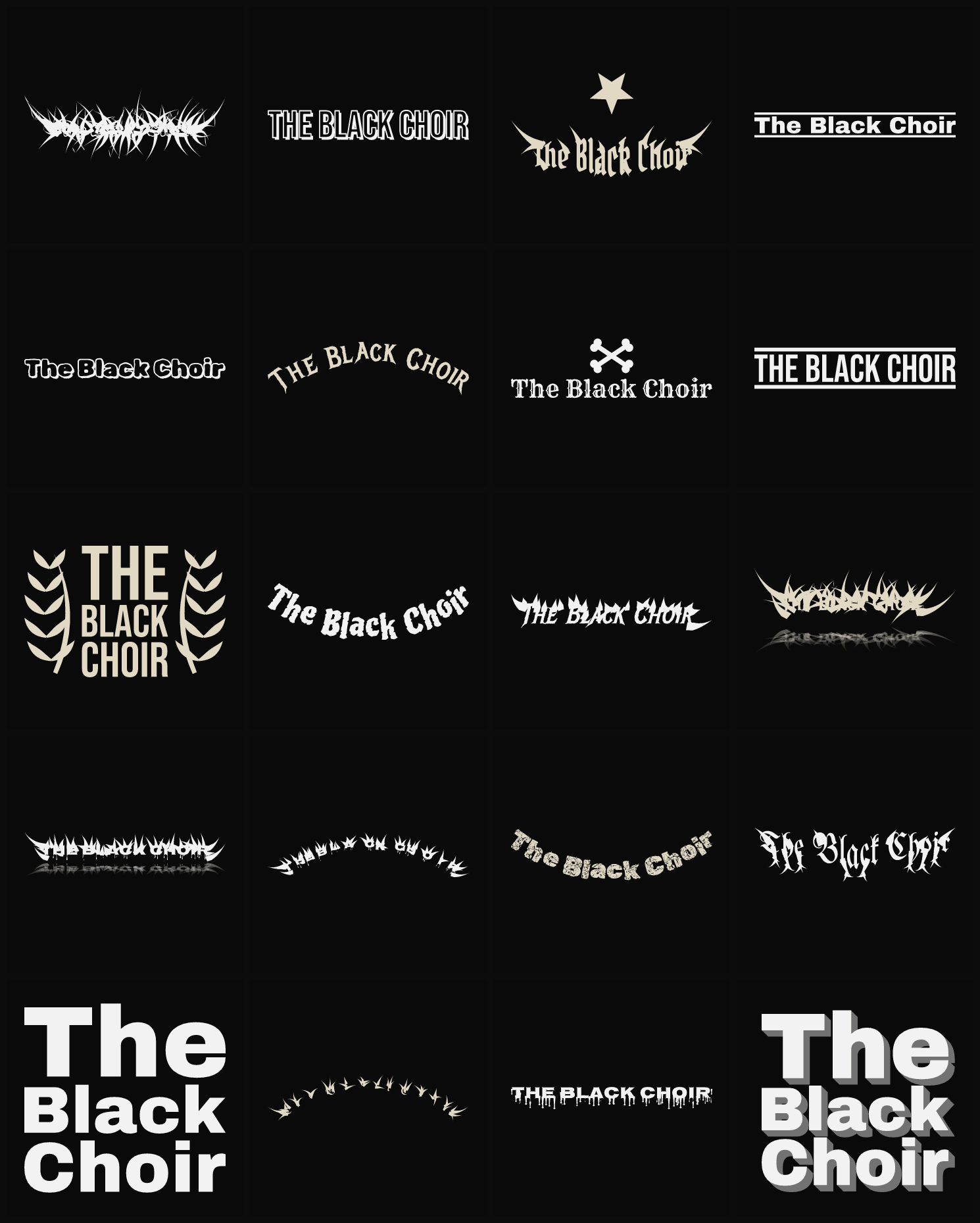 Twenty The Black Choir band logo ideas — different faces, treatments and spike settings