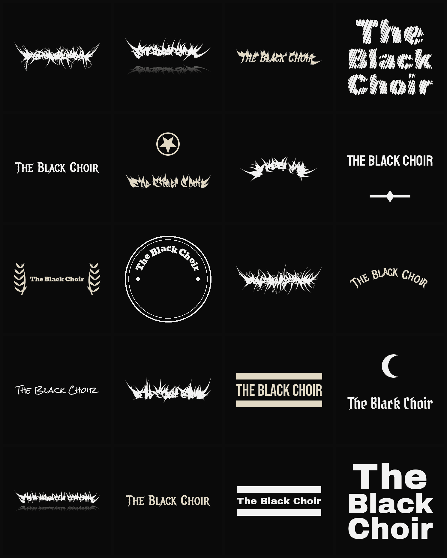 Twenty The Black Choir band logo ideas — different faces, treatments and spike settings