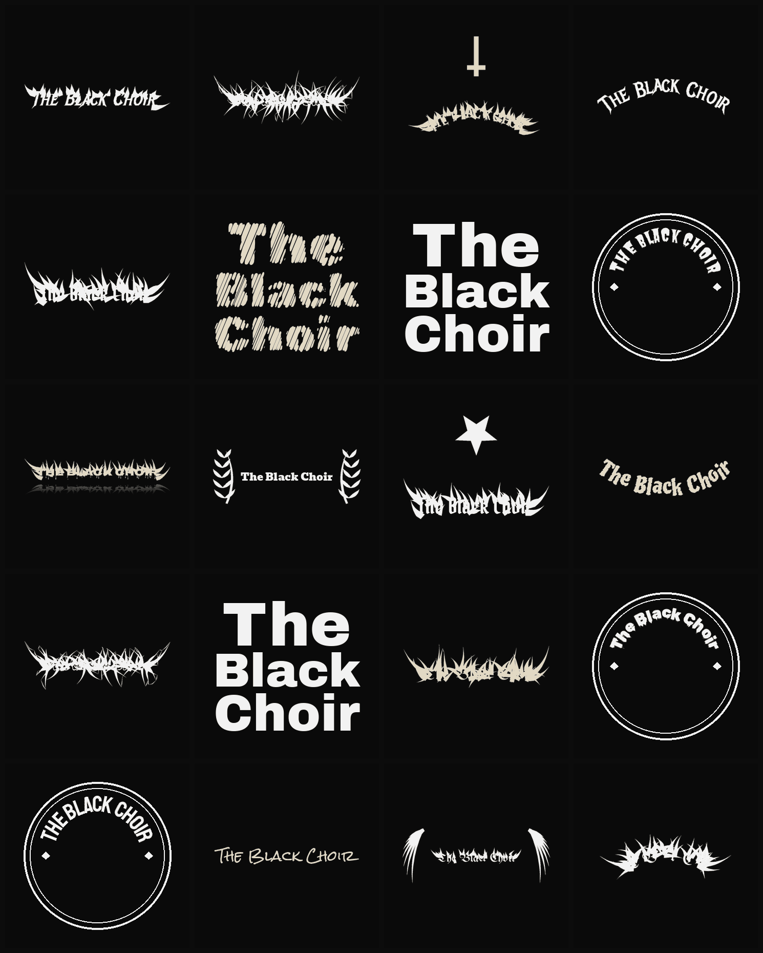 Twenty The Black Choir band logo ideas — different faces, treatments and spike settings